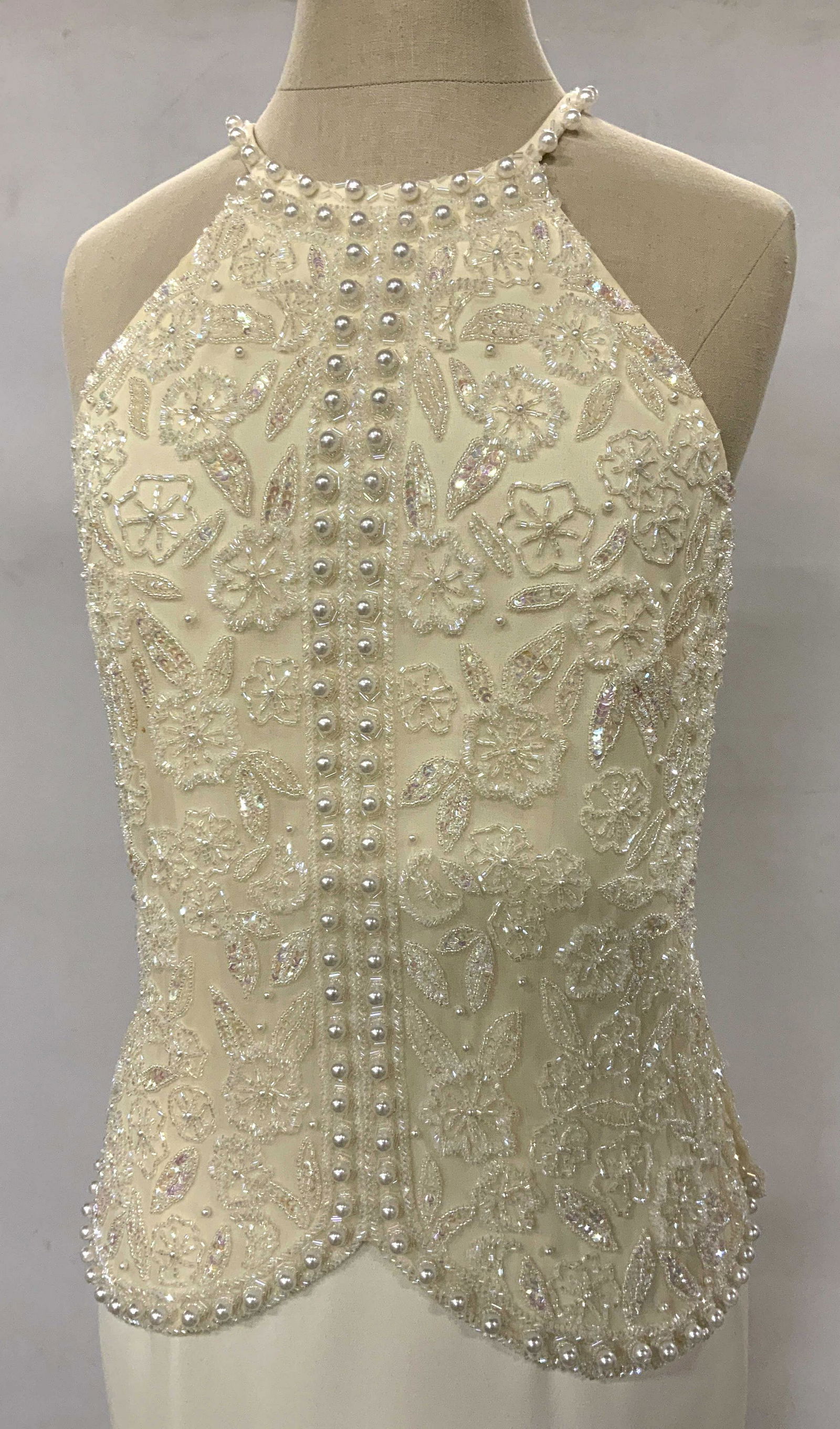 JOY PHILBIN VICTORIA ROYAL Beaded Halter Dress: JOY PHILBIN VICTORIA ROYAL Beaded Halter Dress, label reads ‘Vie by Victoria Royal 4’, an intricately beaded halter dress, some loose threads, stains, and missing beads, This item was generously d