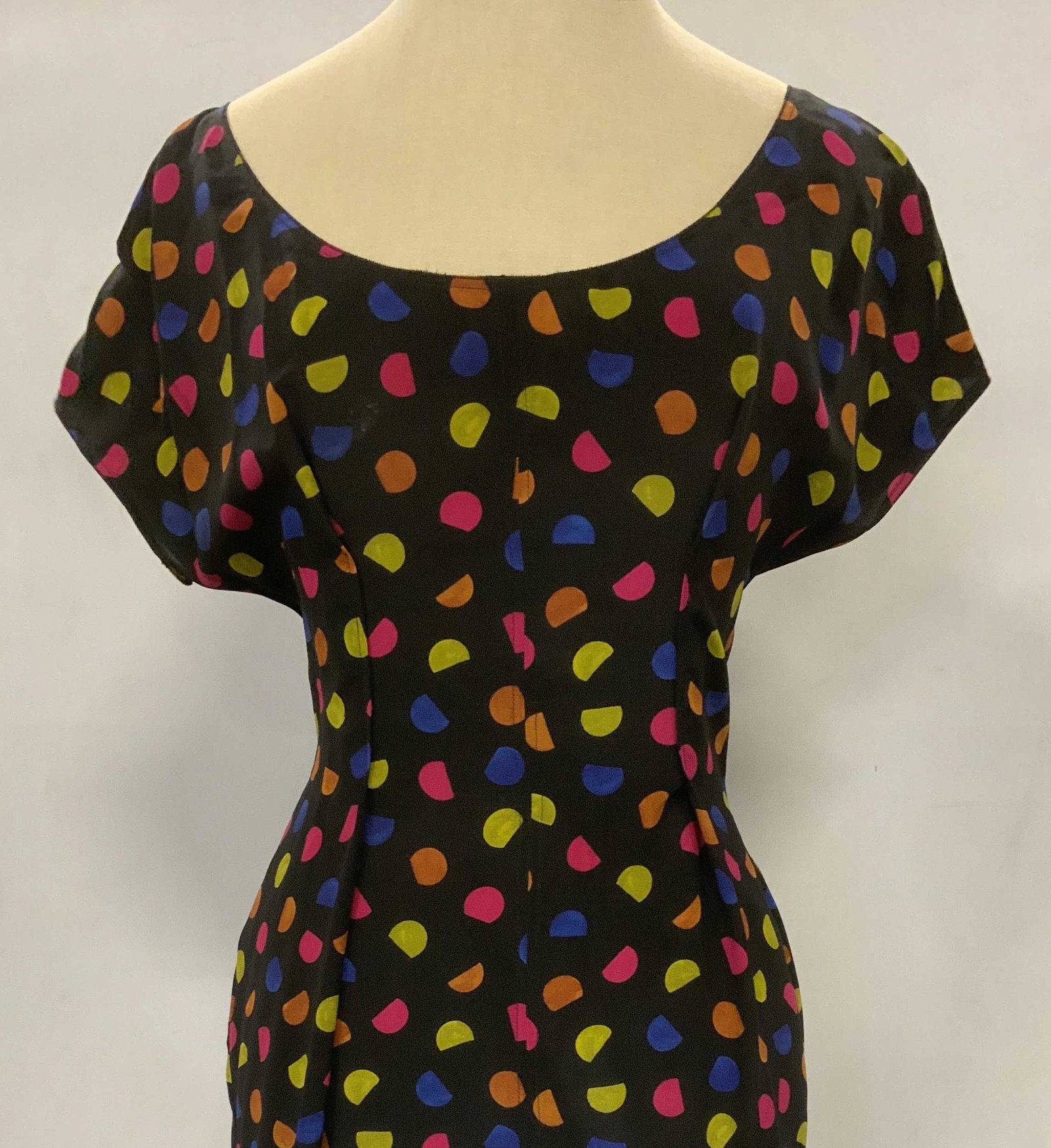 JOY PHILBIN PRADA Polka Dot Dress: JOY PHILBIN PRADA Polka Dot Dress, possibly silk, label reads ‘Prada Made in Italy 38‘, a cap sleeved polka dot dress, stains to fabric and small runs, This item was generously donated by Regis Ph