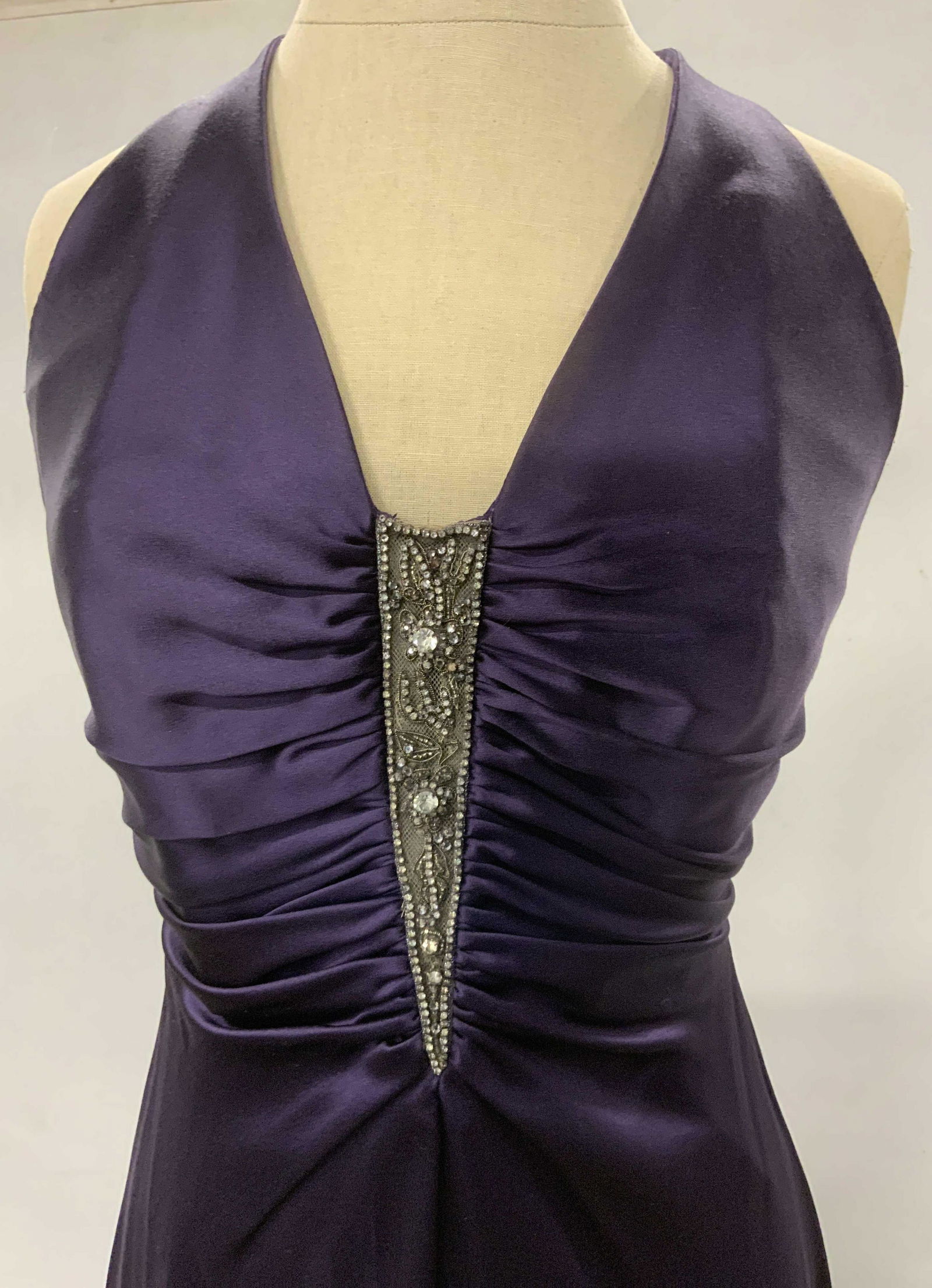 JOY PHILBIN BADGLEY MISCHKA Formal Halter Dress: JOY PHILBIN BADGLEY MISCHKA Formal Halter Dress, label reads ‘BADGLEY MISCHKA 6’, a formal dress with ruched beaded detail, some stains to fabric, This item was generously donated by Regis Philbin