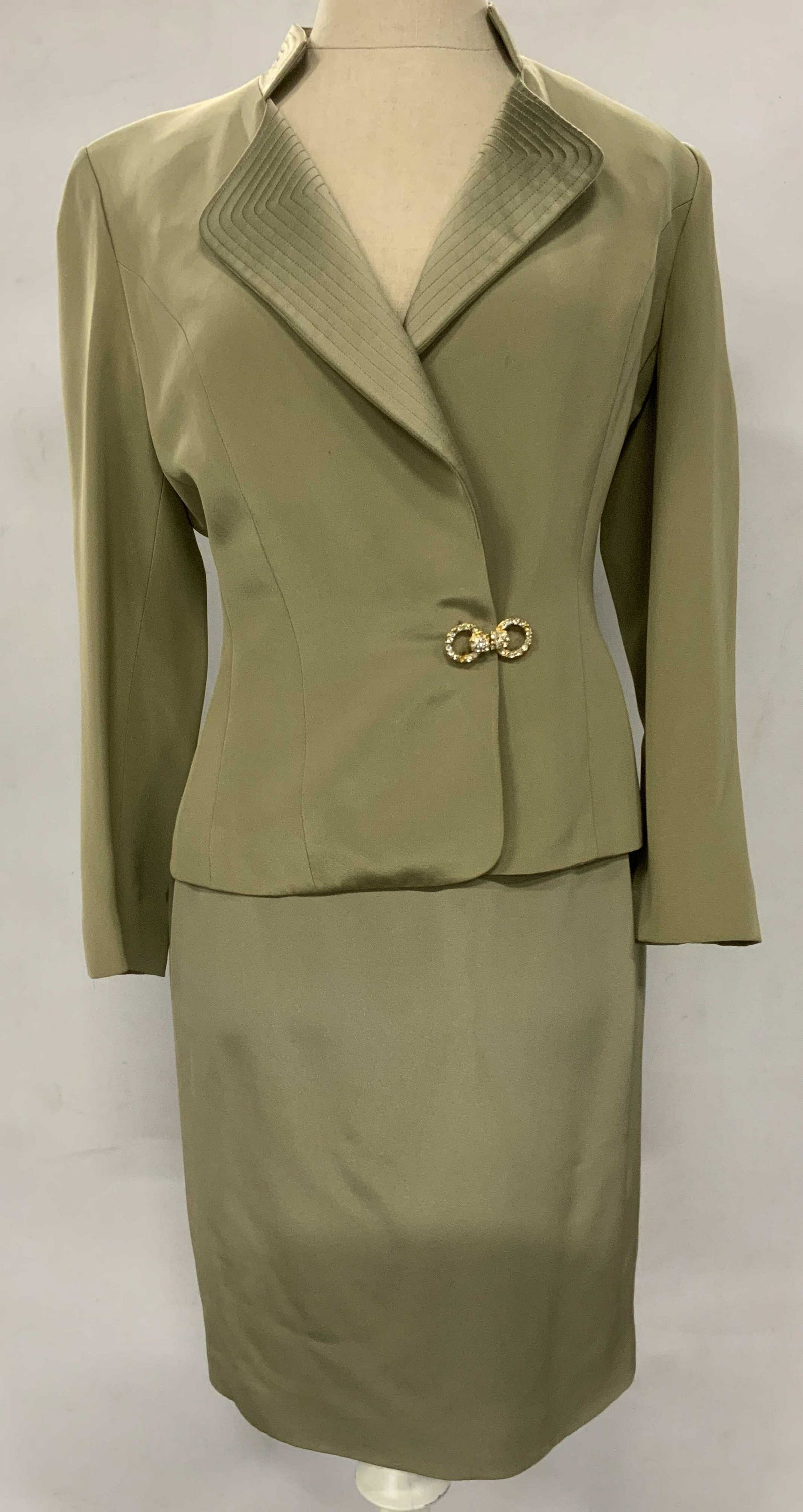 JOY PHILBIN ANDRE RAPHAEL Silk Skirt Suit Set: JOY PHILBIN ANDRE RAPHAEL Silk Skirt Suit Set, label reads ‘Andre Raphael Alta Moda 100% Silk’, an olive green skirt suit set with mock neck and bejeweled enclosure, some stains to fabric, clip mi