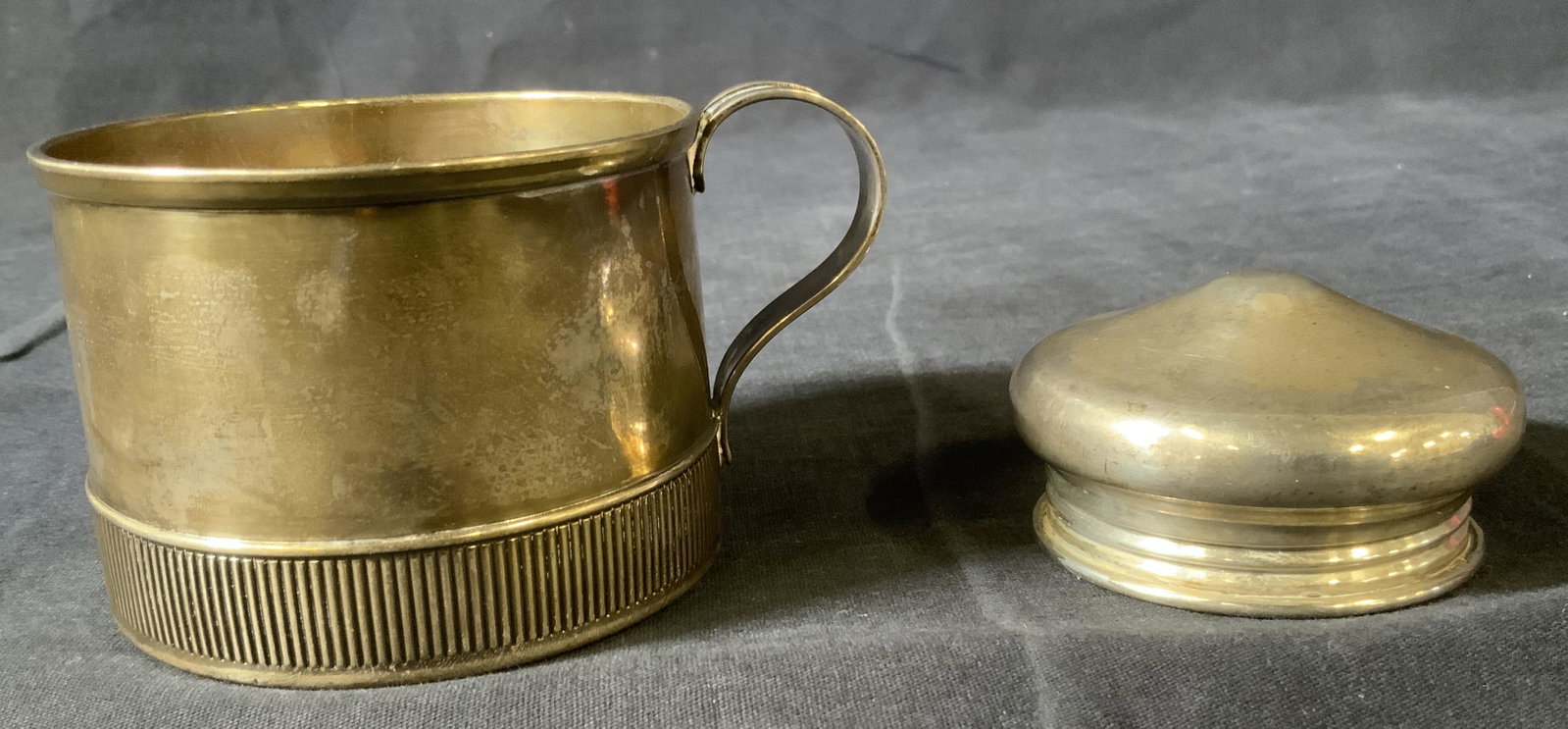 Vintage Sterling GORHAM Cup & WHITING CO Lid: Vintage Sterling GORHAM Cup & WHITING CO Lid, inscriptions read ‘W Sterling’ and ‘Eugene Sterling 3711 P’, cup measures 2 1/2 inches tall x 3 1/2 inches in diameter, lid measures 1 1/2 inches 