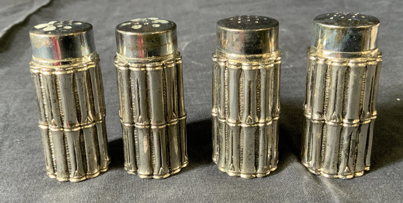 Set 4 FB ROGERS Silverplated Salt & Pepper Shakers: Set 4 FB ROGERS Silverplated Salt & Pepper Shakers, in original box, labels read ‘Tarnish Resistant Clean with soft damp cloth no silver polish Japan’, all measure 2 1/2 inches tall, some oxidatio