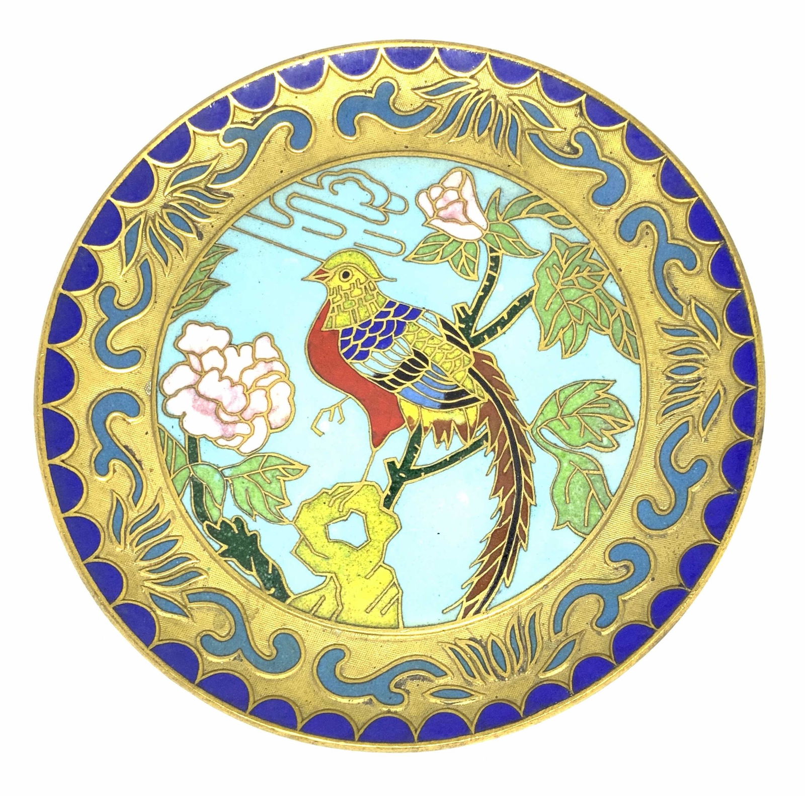 Lot3 KRELAGE Asian & Dutch Cloisonné Ring Dishes: Three vintage metal and ceramic trinket dishes / ring dishes that have been enameled with intricate designs. One circular dish depicts a colorful bird sitting in a tree with blooming pink flowers. The