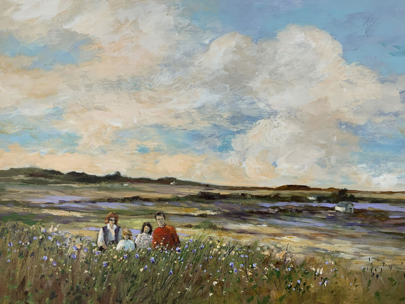 Signed Acrylic Painting of Field, Artwork: Signed Acrylic on Masonite board Painting of Field, signature to lower right illegible, possibly reads ‘MG Demreck’, subject four figures standing in a field, measures 20 1/2 x 20 1/2 inches, gilt