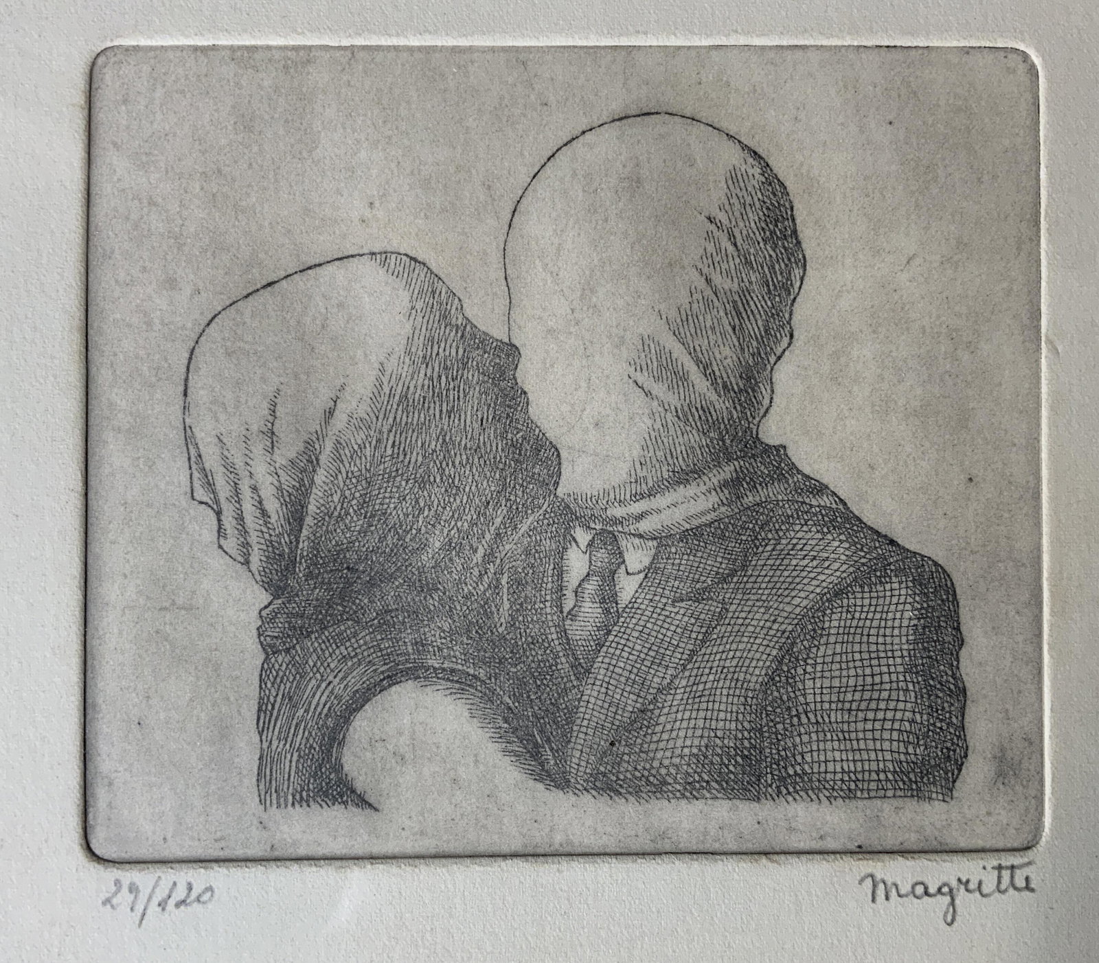 RENE MAGRITTE Signed Ltd Ed Etching: RENE MAGRITTE(1898/1967)Signed Ltd Ed Etching, signature to lower right in pencil reads ‘Magritte’, edition to lower left reads ‘29/120’, subject a couple embracing, measures 13 5/8 x 15 7/8 i