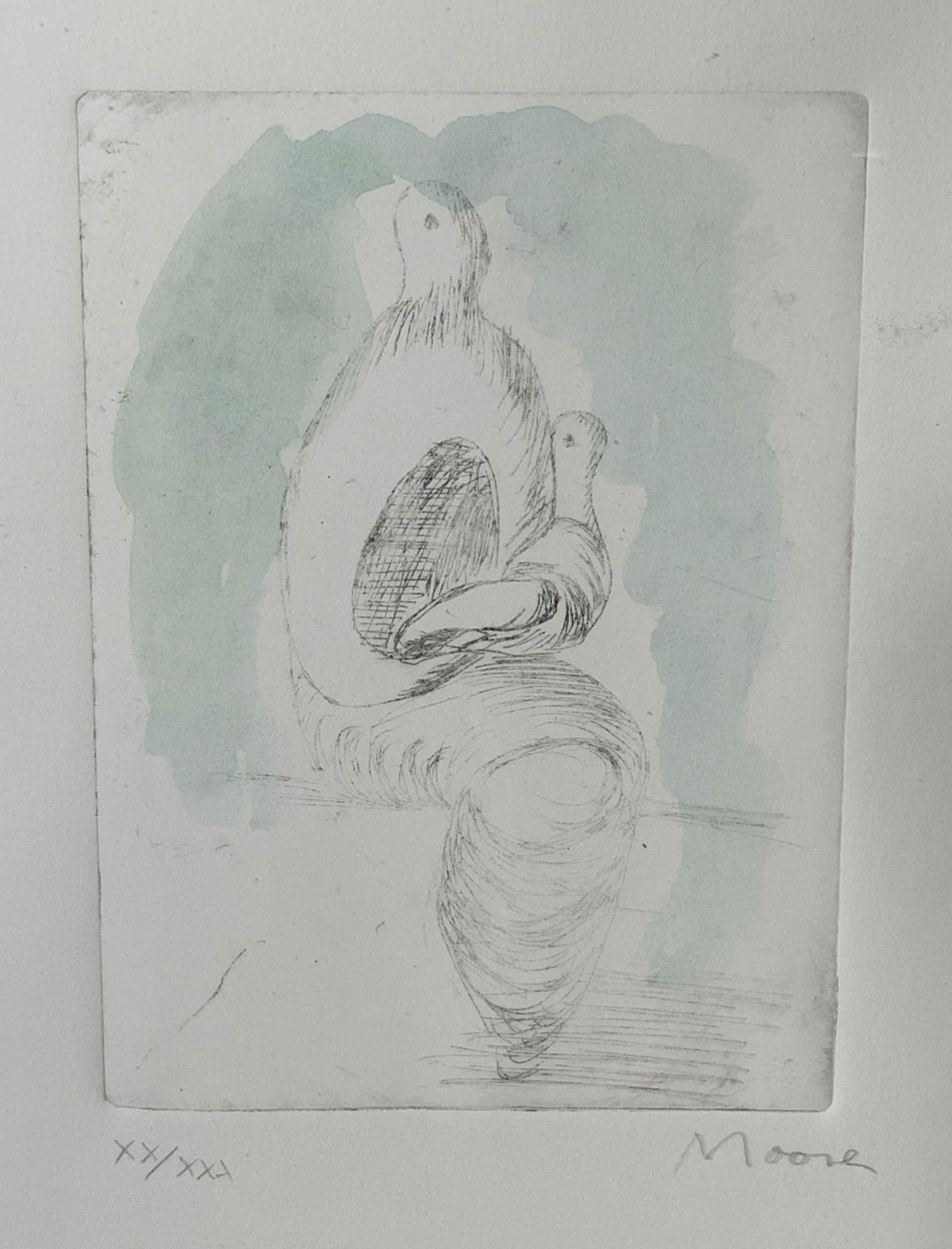 HENRY MOORE Signed Ltd Ed Lithograph Artwork: Henry Moore signed limited edition lithograph, signature to the lower right corner reads ‘Moore’, edition to the lower left corner reads ‘XX/XXX’, subject a scene depicting an abstract mother