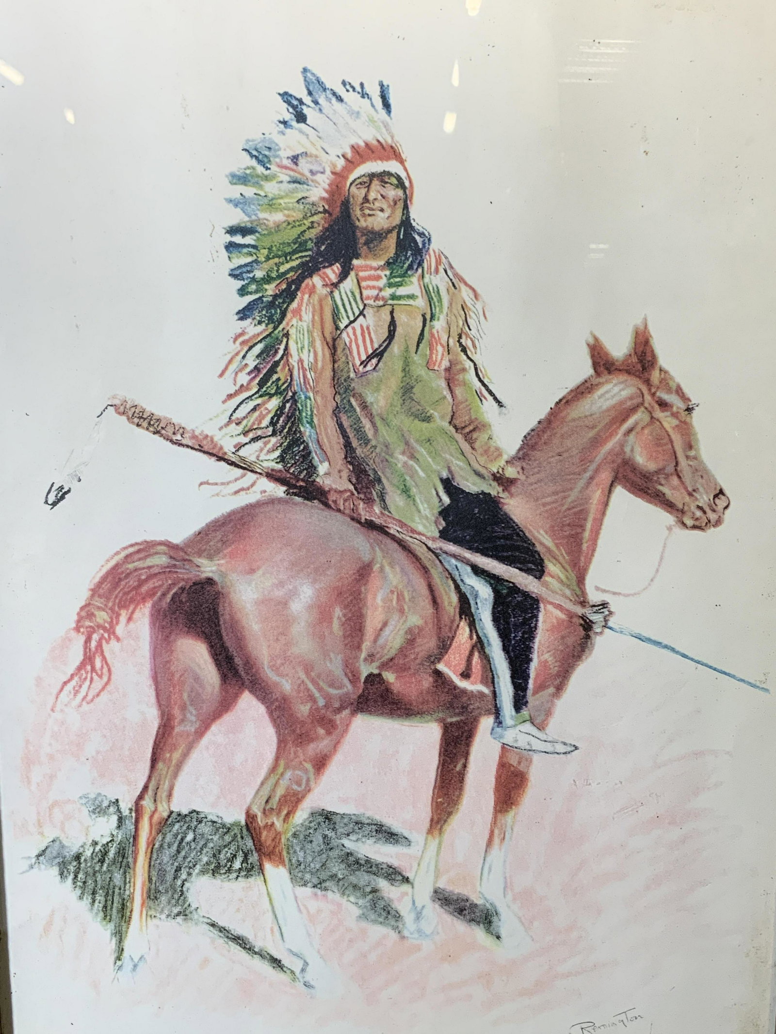 FREDERIC REMINGTON Vintage Print Signed in Plate: Frederic Remington vintage print signed in plate, signature to the lower right corner reads ‘Frederic Remington’ signature done in plate, title to lower border reads ‘A Sioux Chief’, text to l