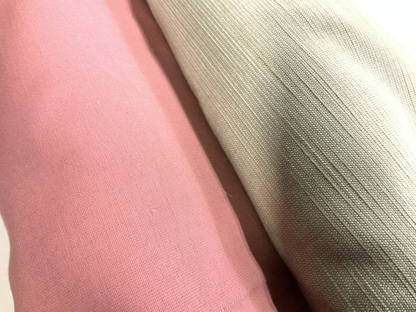 Two partial Remnant Rolls of Upholstery: Rose pink and beige bolts of fabric. Both Plush and thick fabrics, perfect for removing a chair/ small loveseat, create pillows, use for theater backdrop, more. Bolts are app 58 in. Wide. Fabric enoug