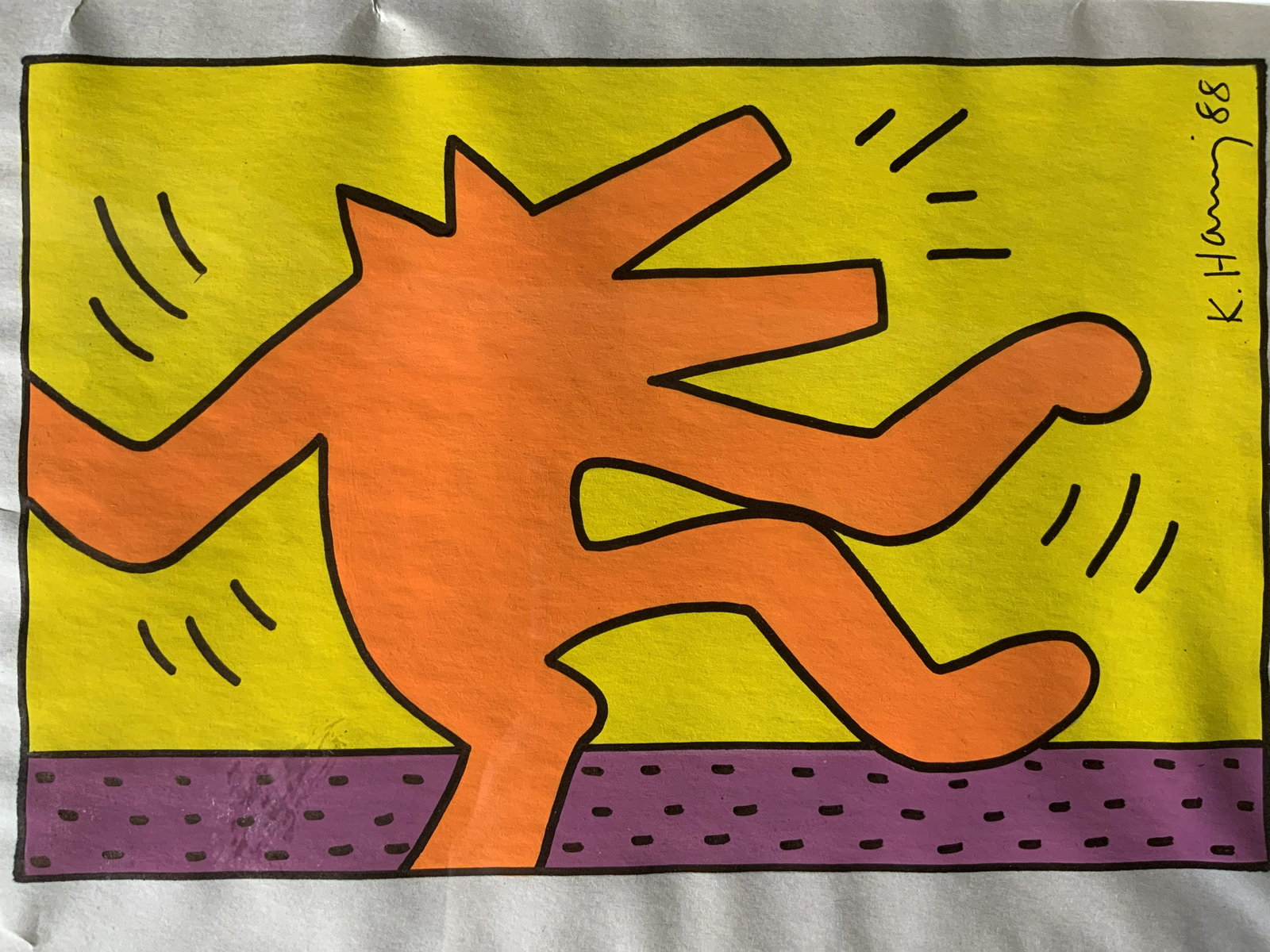 Signed Mixed Media Attributed to KEITH HARING: Signed Mixed Media Attributed to KEITH HARING, signature to upper right reads ‘K HARING 88’, Please Note: All lots that do not carry established documented provenance nor any past record of auctio
