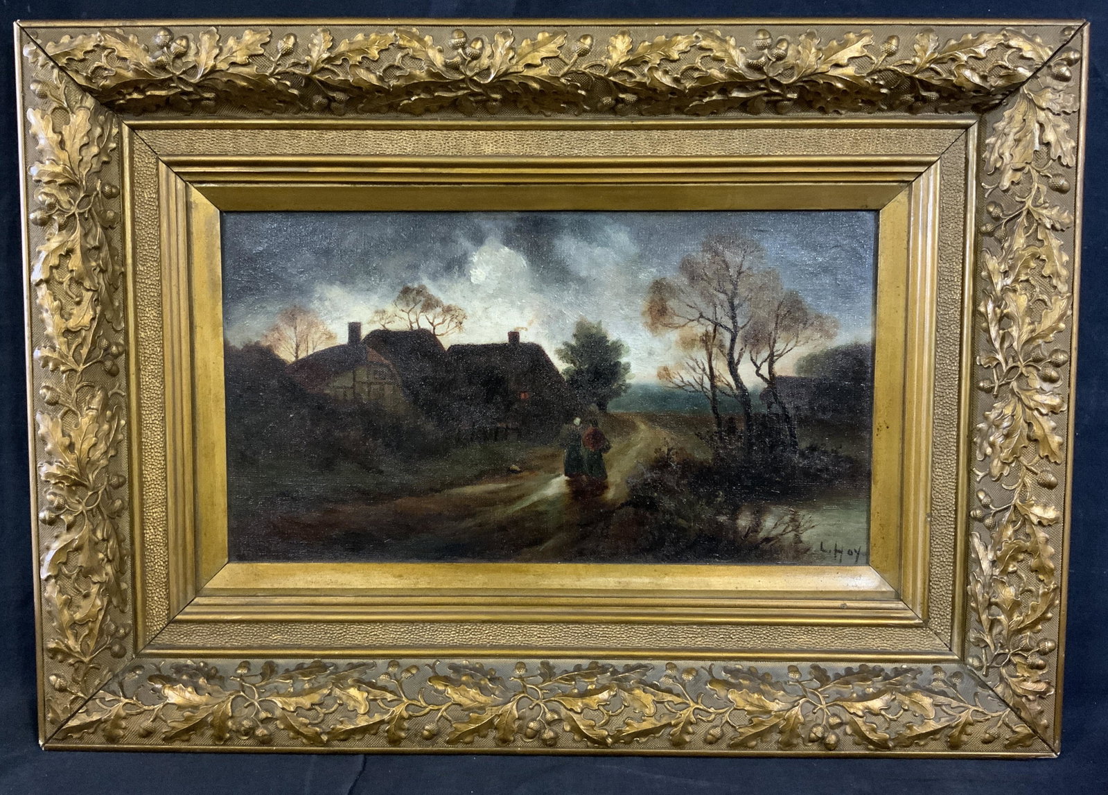 L HAY Signed Oil Painting, Landscape Artwork: L HAY Signed Oil on canvas Painting, possibly antique, signature to lower right reads ‘L Hay’, inscriptions to reverse partially illegible, reads ‘October Moon’, subject figures walking throug