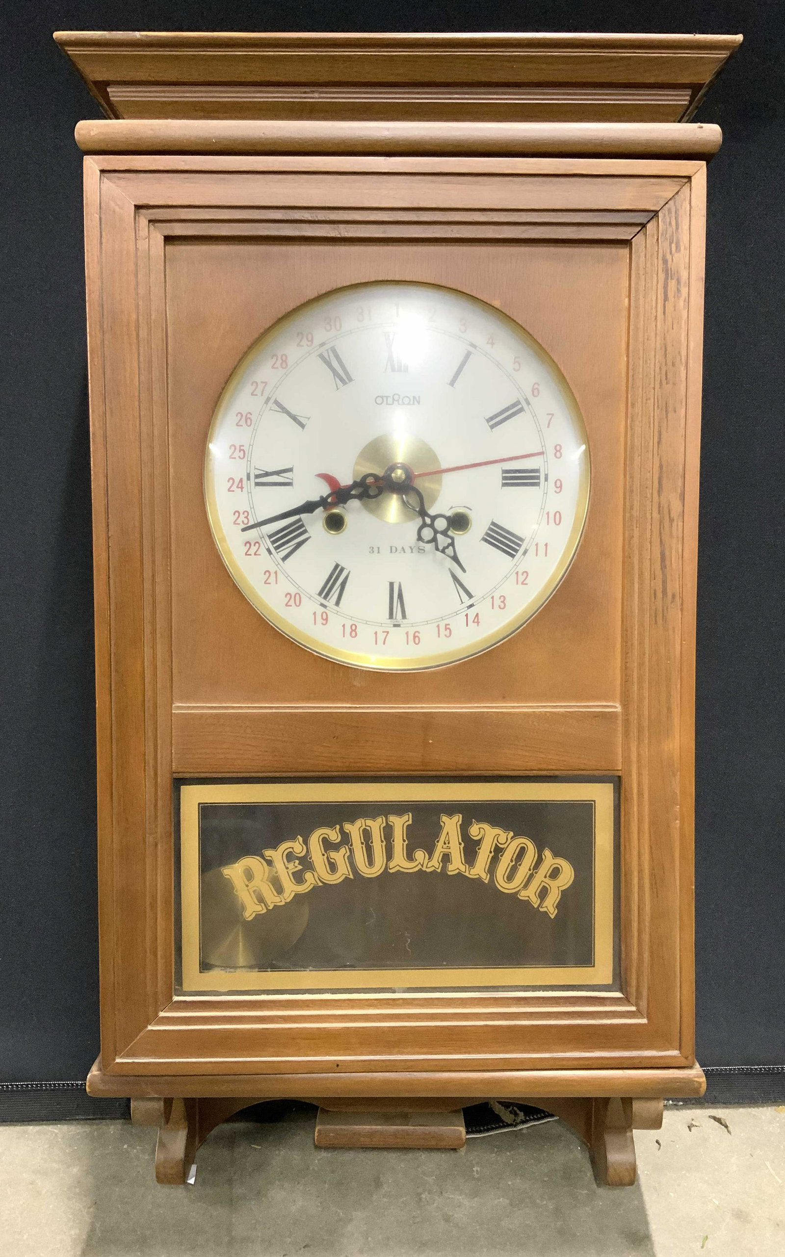 Vintage REGULATOR Wooden Wall Clock: Clock is wooden and vintage. Front of piece has windowed door which opens to clock face and interior. Piece measures approx 27.5 inches tall 14 inches wide 6 inches deep. Some pieces may need to be re