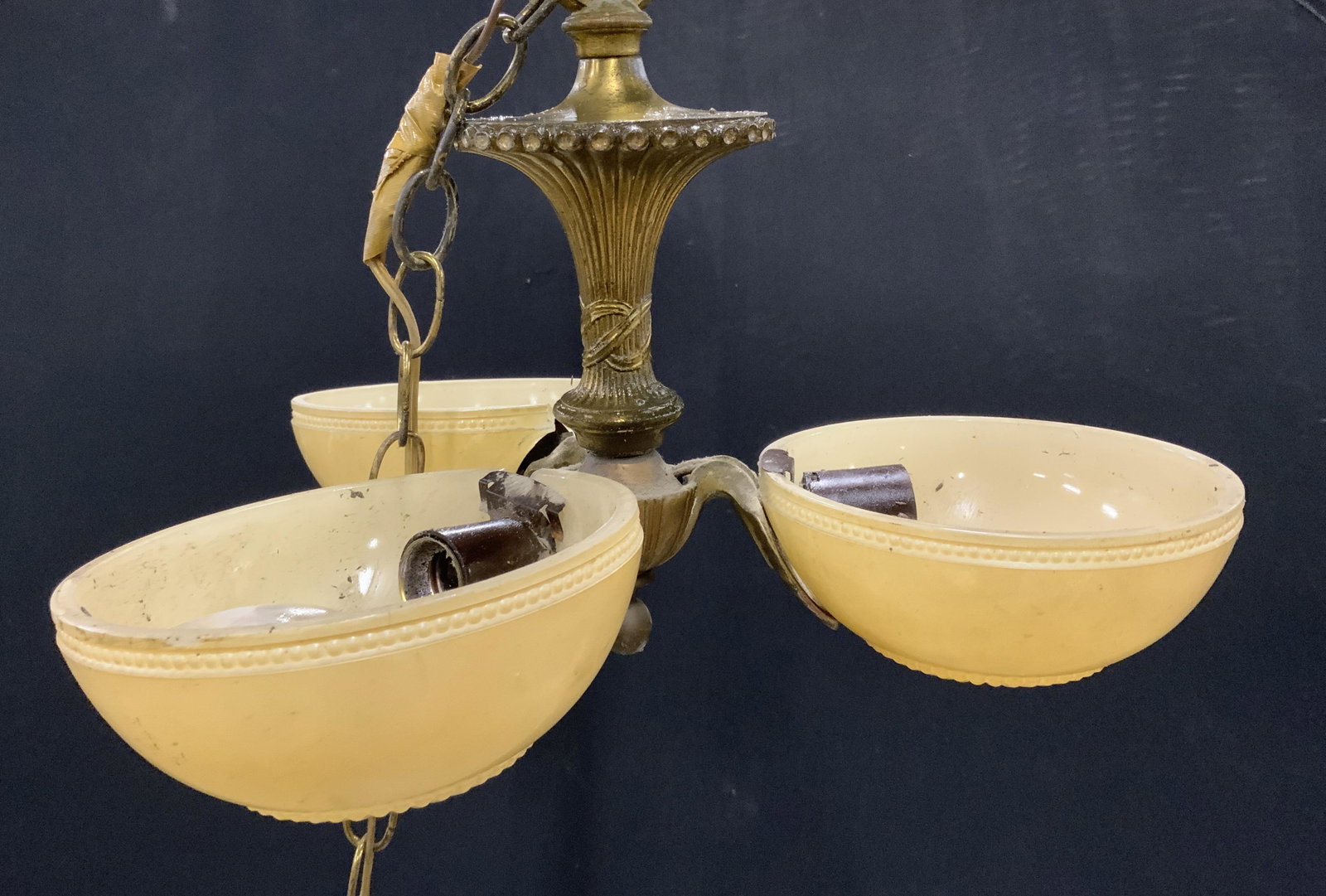 Vintage Brass 3 Arms Chandelier: Chandelier is vintage possibly antique. Piece is brass with 3 arms & 3 bowl shaped shades. Piece measures approx 15 inches wide 12 inches tall without chain. Chandelier, vintage chandelier, brass chan