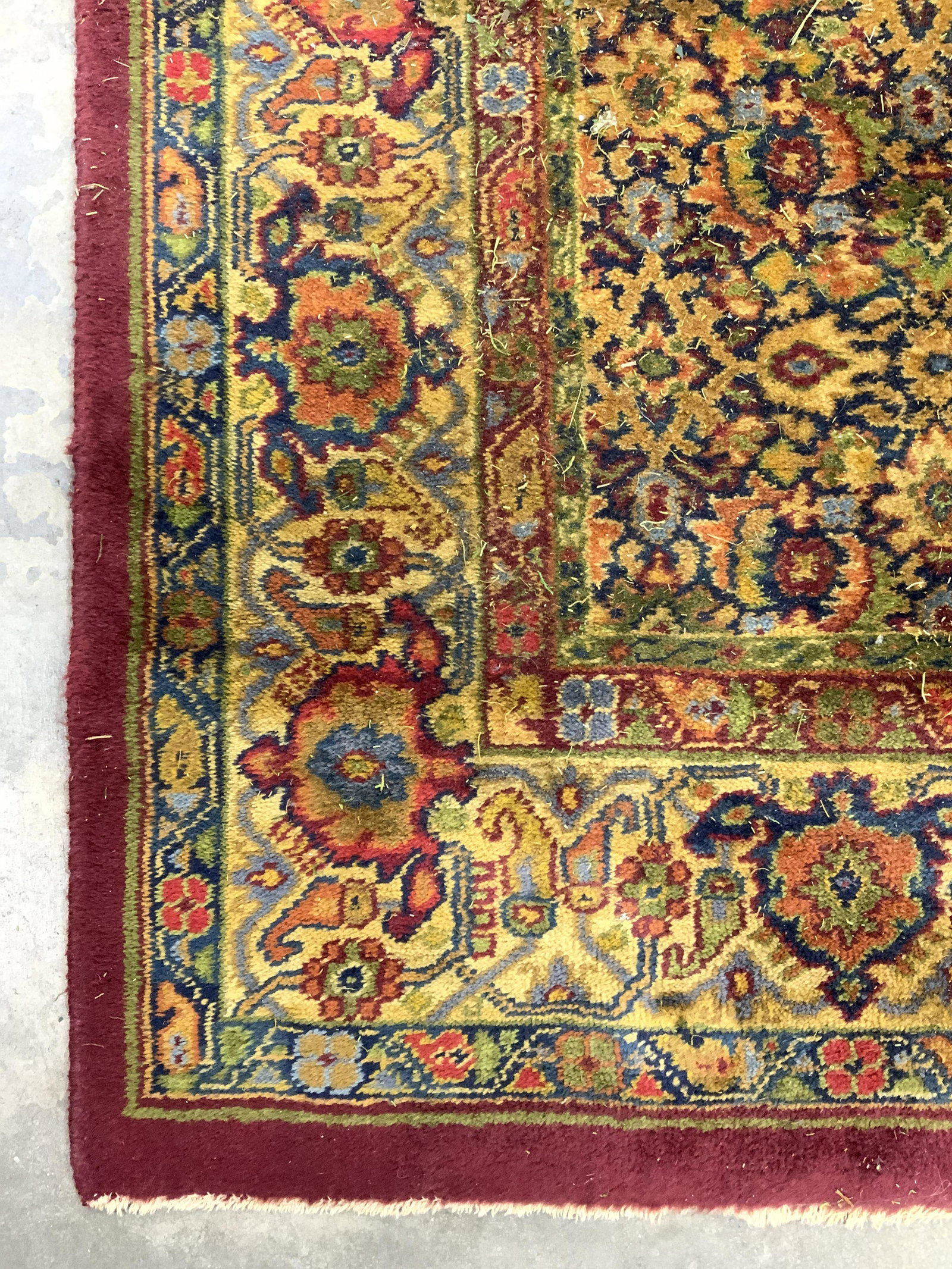 Oversized Oriental Handmade Wool Rug: Measures approx 182 inches long 99 inches wide. Rug, carpet, wool rug, vintage rug, area rug, orientalist rug, textile arts and accessories, home furnishing, floral rug. Piece has evident wear, needs 