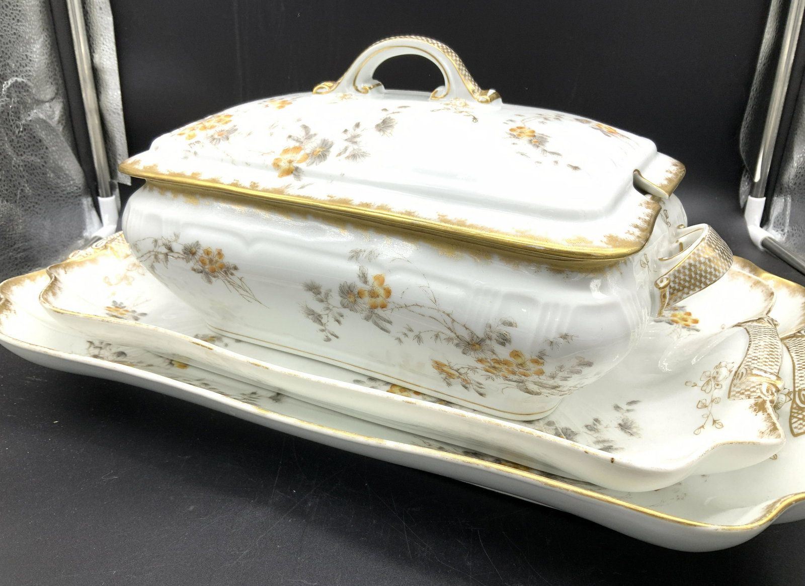 Antique Haviland Limoges France Porcelain Set 3: White ware porcelain set , hand painted in factory of Charles Field Haviland, Hallmarked In green ink under glaze ‘ CFH/ GDM’ , c. 1882 backmark ( Havilandonline.com). Antique pieces include soup 