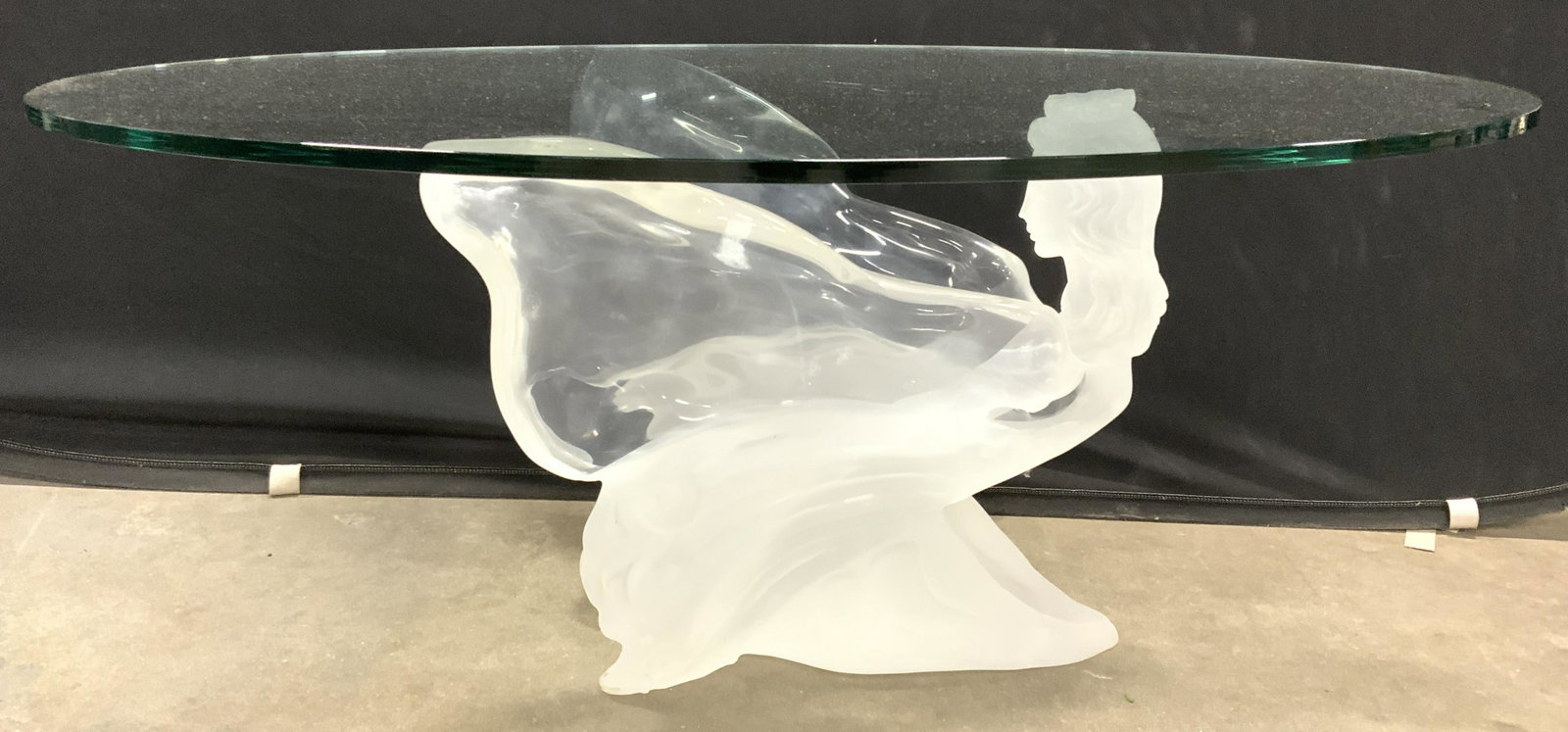 Glass Top Female Nude Angel Base Table: Art glass, art nouveau design, home accent, decorative arts, home furnishings, coffee table, side table, occasional table, Table measures approx 40 inches long 22 inches deep 16 inches tall. 6