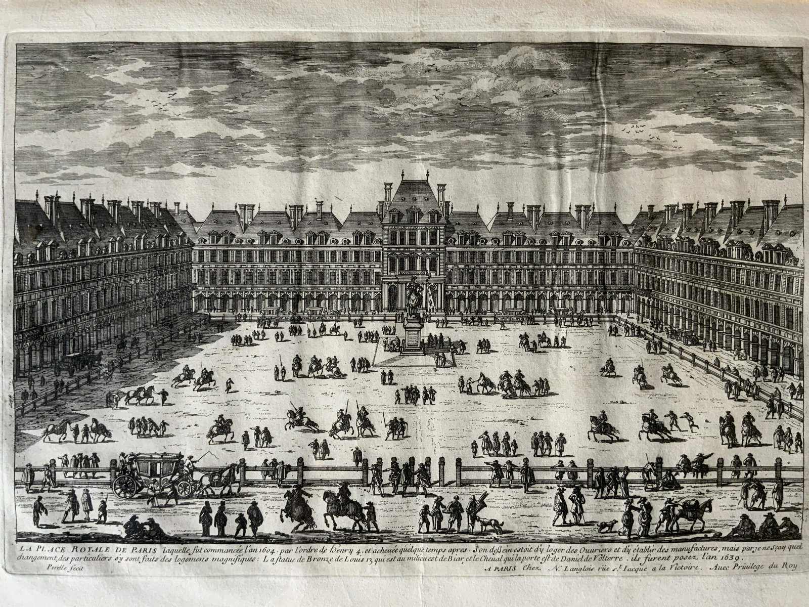 GABRIEL PERELLE La Place Royale Etching Artwork: GABRIEL PERELLE La Place Royale Etching, possibly original etching, inscription to piece in French, label to reverse in French, subject an overhead view of a courtyard, measures 12 7/8 x 16 3/8 inches