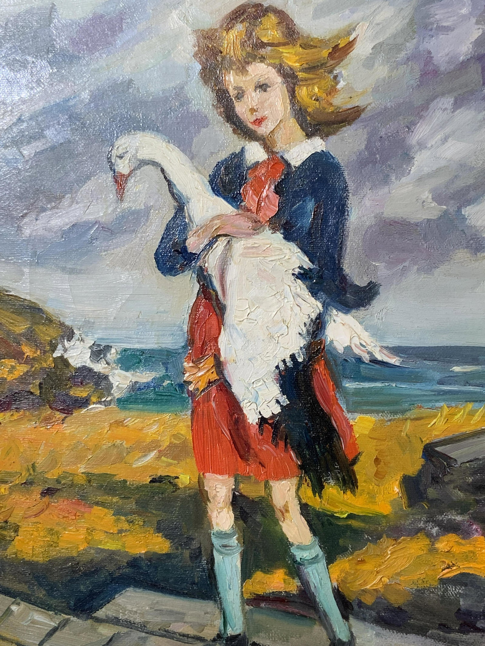 Oil Painting on Canvas Girl With Goose, Artwork: Oil on canvas girl with goose, no apparent inscriptions or markings, subject a girl holding a goose with a seascape in the background, gilt wood inner frame, linen matting, gilt wood frame, chips and 