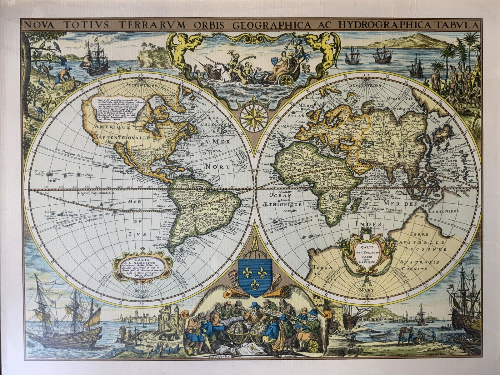HENRICUS HONDIUS Map of the World: HENRICUS HONDIUS Map of the World, hand colored, inscriptions to piece in Latin, label to reverse reads ‘Pincus Art Shop’, subject a map of the world accompanied by sea scenes, measures 17 x 21 1/