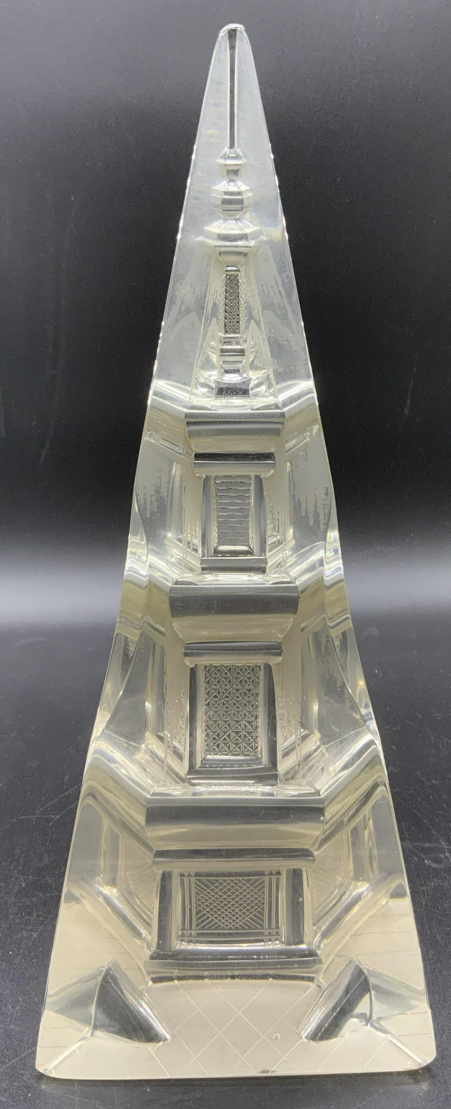 Glass Pagoda Sculpture Ornament: Glass Pagoda Sculpture, no apparent inscriptions or marks, measures 11 1/4 inches tall x 4 1/2 inches at widest point, surface wear to piece and minor chips to base, Glass, art glass, pagoda, sculptur