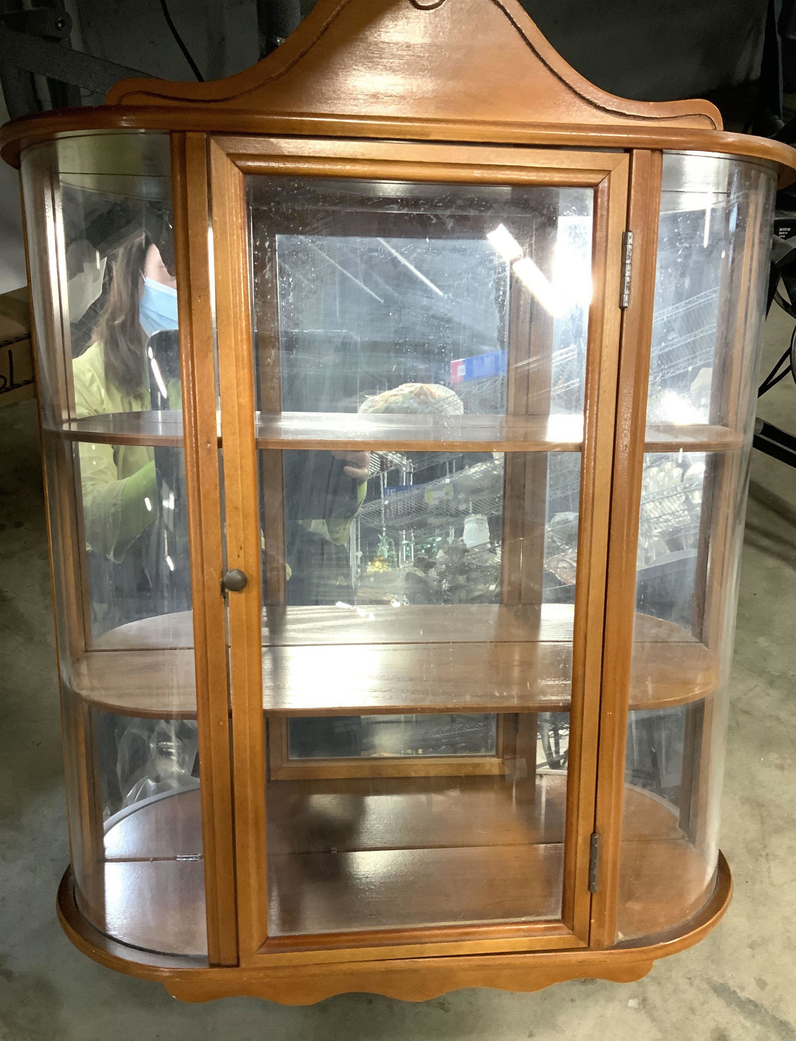 Vintage Oak Wall Curio With Backside Mirror: Varnished Wood Wall Cabinet, possibly oak, vintage small furnishings for display items, medium varnish with hint or red. Upper and lower Victorian detail which can be unscrewed and plugged up for a mo