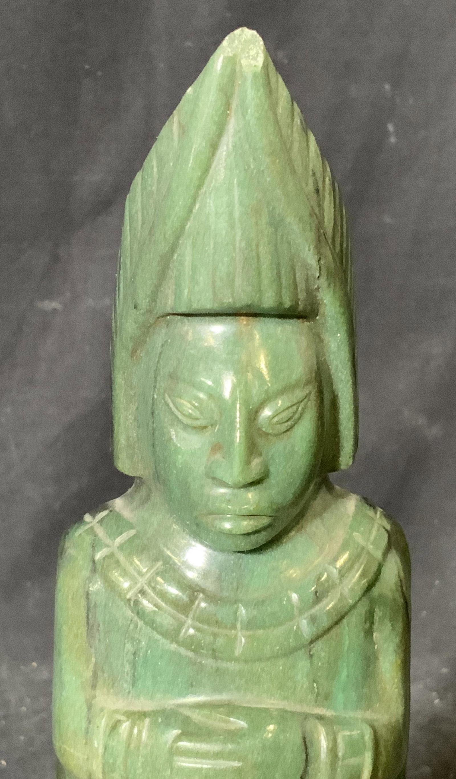 Hand Carved Jade Aztec Traditional Figural: Hand carved jade Aztec traditional figural, tested positive for Jade on gem tester, no apparent inscriptions or signatures, label residue to reverse, figure is dressed in what appears to be traditiona
