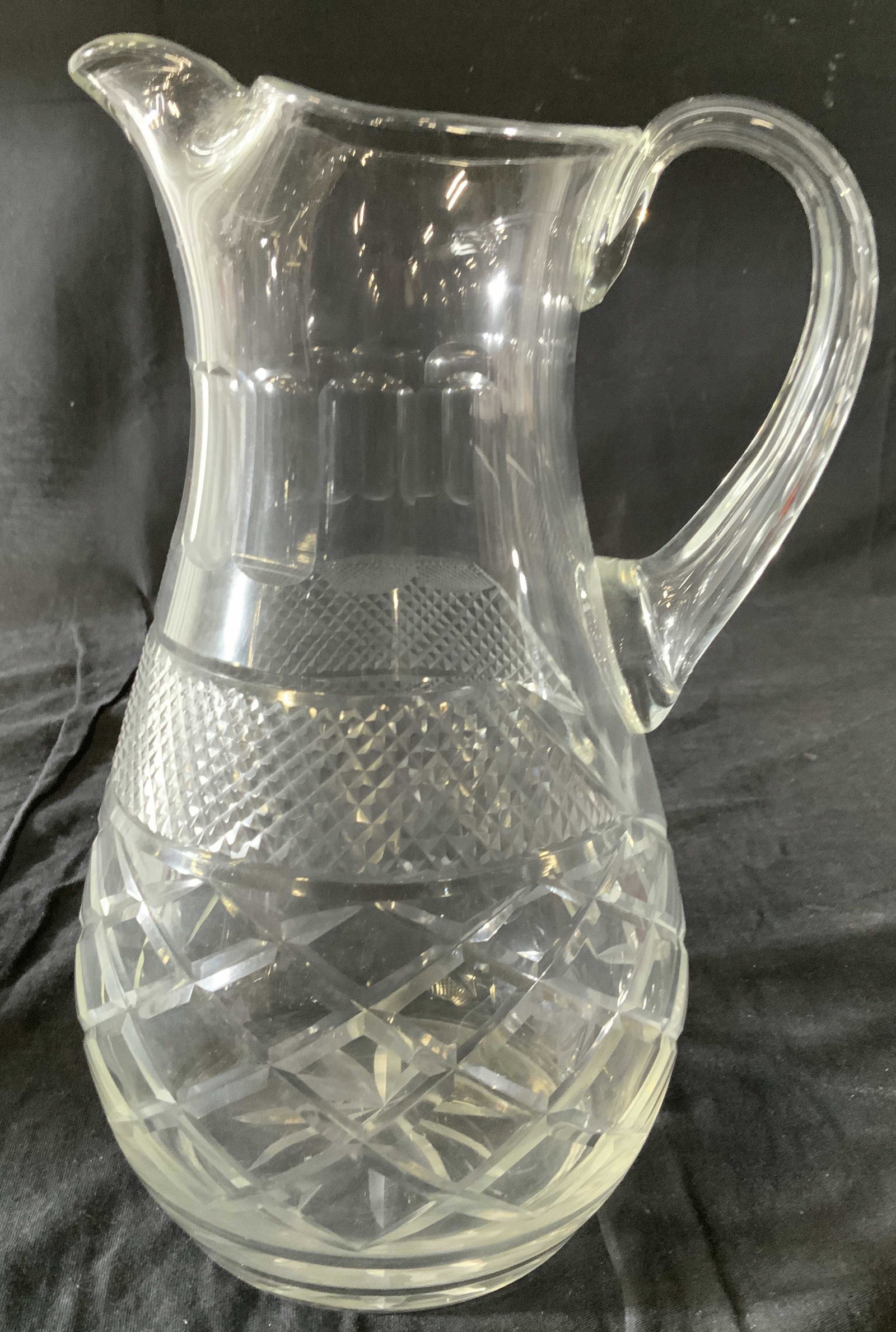 Vintage Cut Glass Water Pitcher: Pitcher, vase, vessel, table ware, lattice and diamond pattern in relief, measures ht app 11 inches width rim to handle app 8 inches, property Janine Metz estate, social Secretary to Duchess of Windso