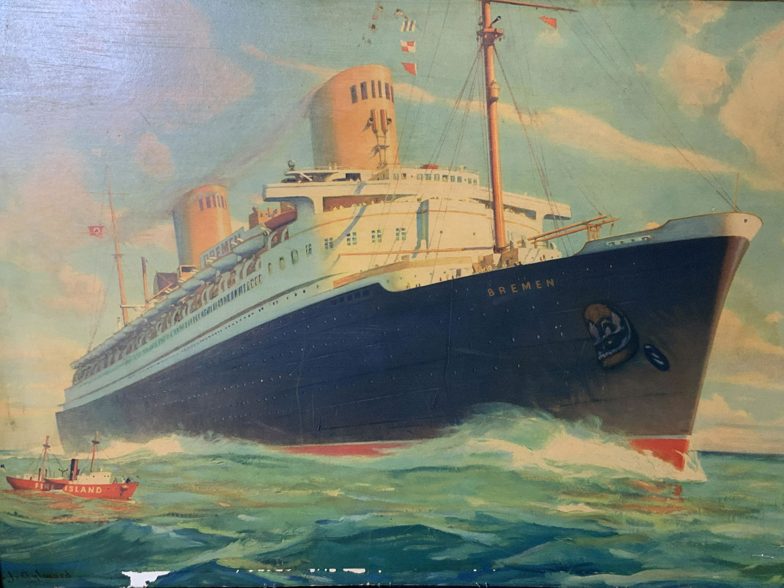 Signed Offset Lithograph of German Ship The Bremen: Signed offset lithograph of German ship the Bremen, signature to lower left corner illegibly written, subject a large German ship named The Bremen, plain wooden frame measures 30 inches tall by 40.5 i