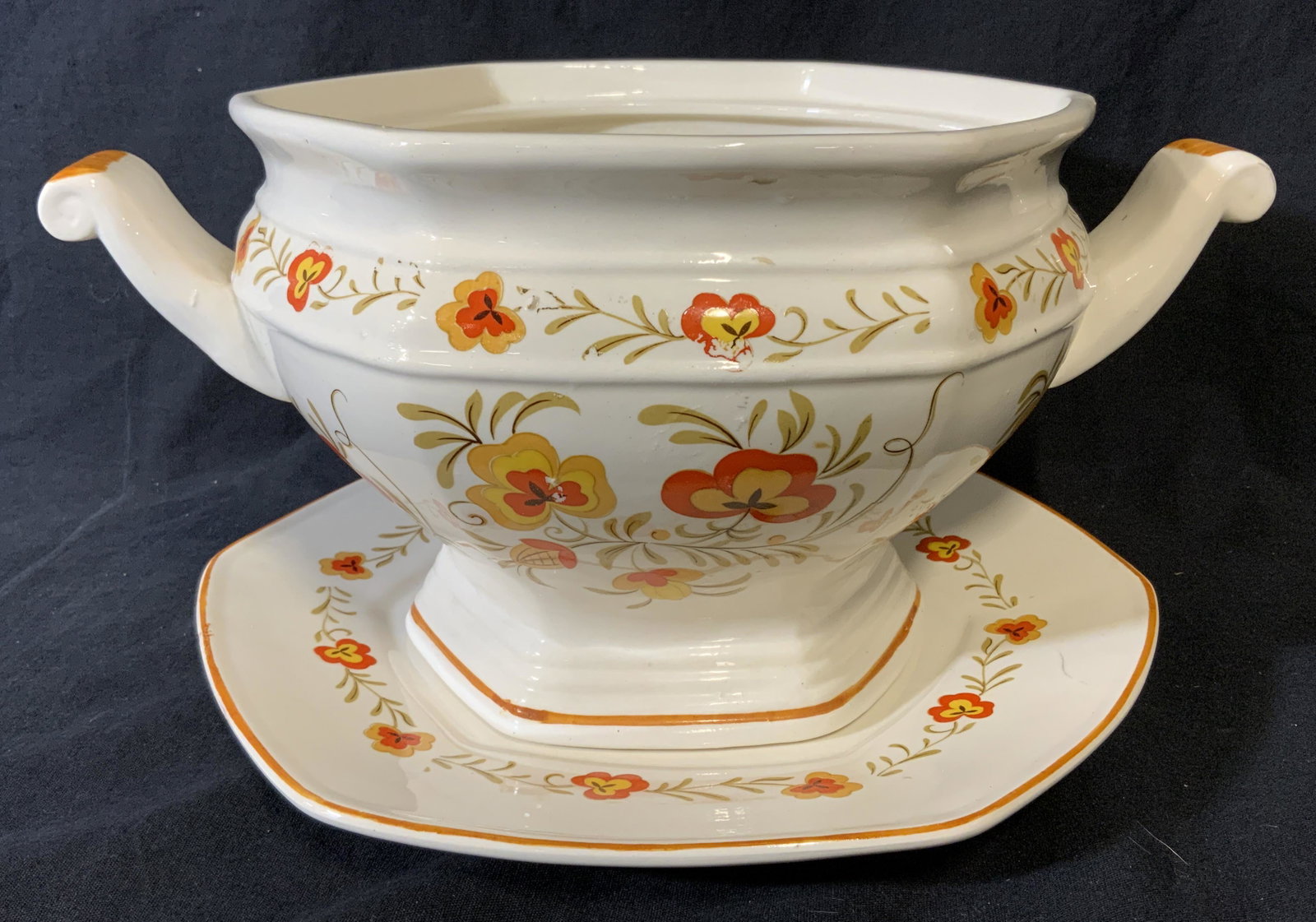 Lot 2 Hand Painted Tureen & Plate, JAPAN: Hand painted plate and tureen, decorated with floral patterns. Largest piece measures approx 6 inches H, and 12 inches W. Wear is consistent with age and use. Underside of plate reads as JAPAN. Proper