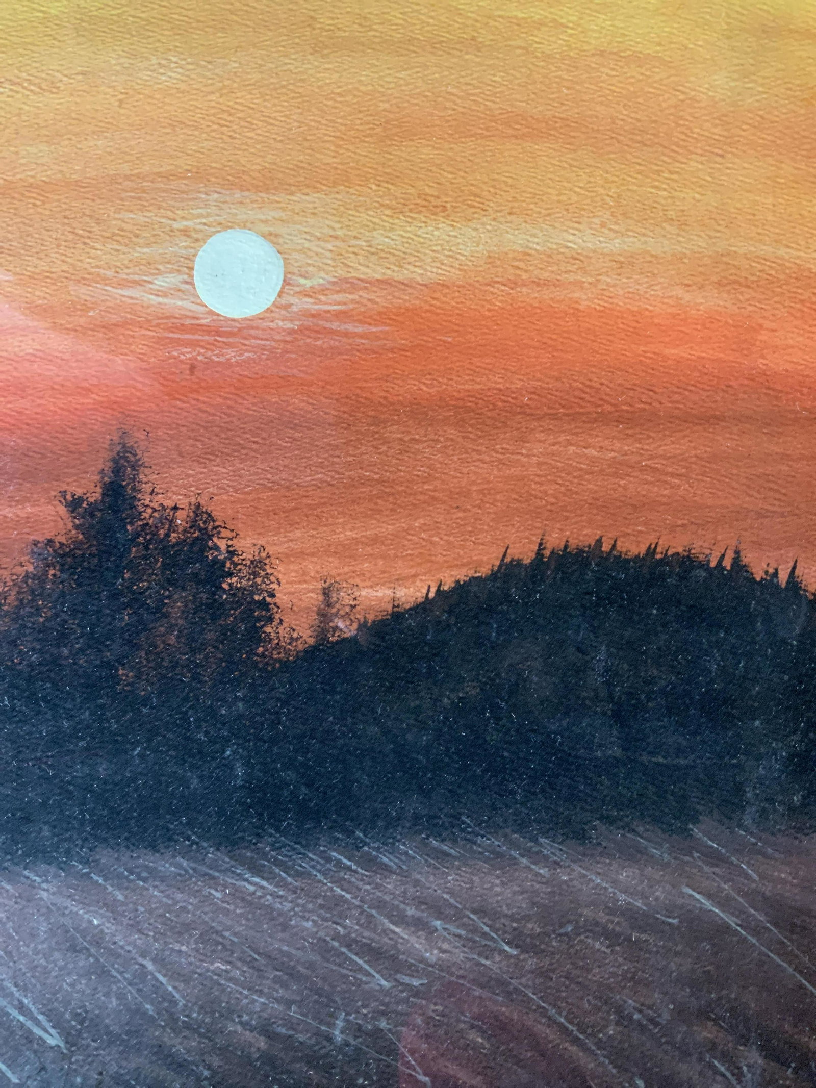 Gouache Painting, Sunset Scene: Gouache Painting, Sunset Scene, label to reverse reads ‘The Country Framer Ltd’, subject the sun setting over a forest, measures 17 3/8 x 13 3/4 inches, wooden frame, some scratches to frame but o