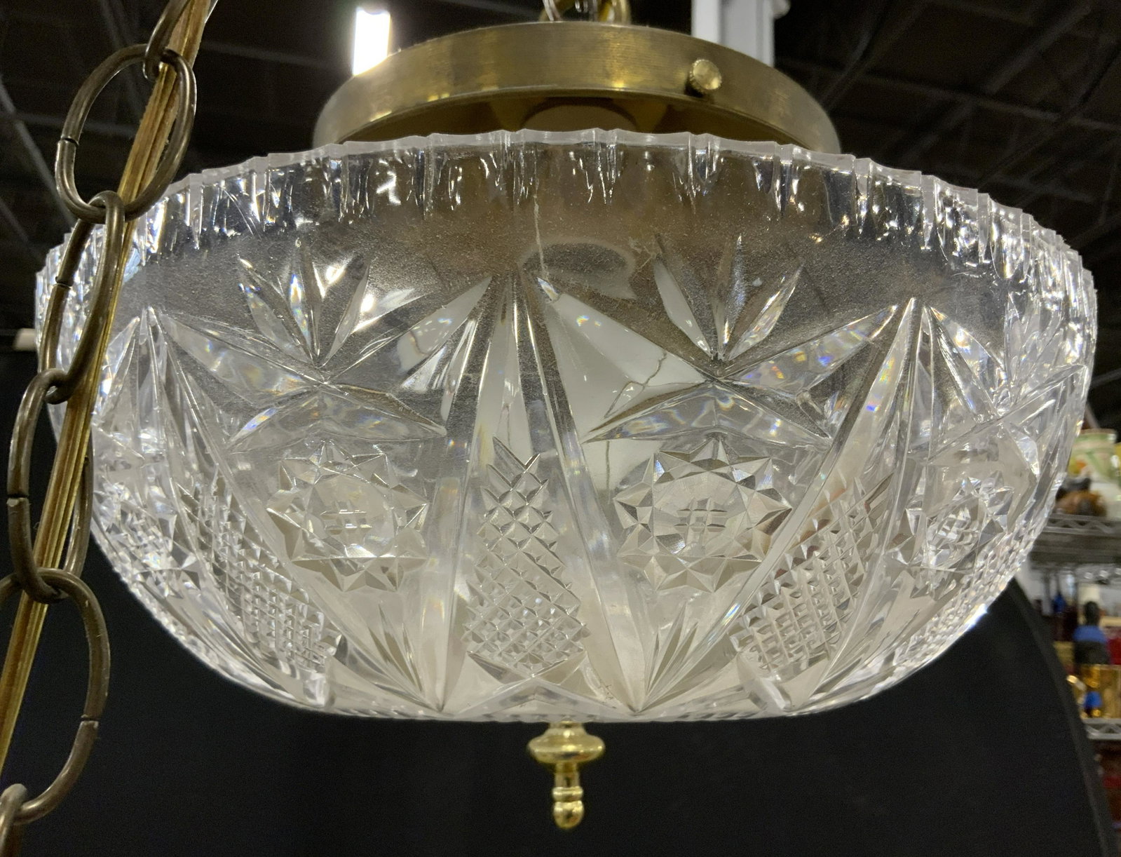 Vintage Pendant Ceiling Chandelier Light: Vintage pendant light, shade is plastic, crafted to resemble cut crystal. Measures approx 8 inches H, and 11 inches W. Wear is consistent with age and use. Lighting, decorative accessories, decorative