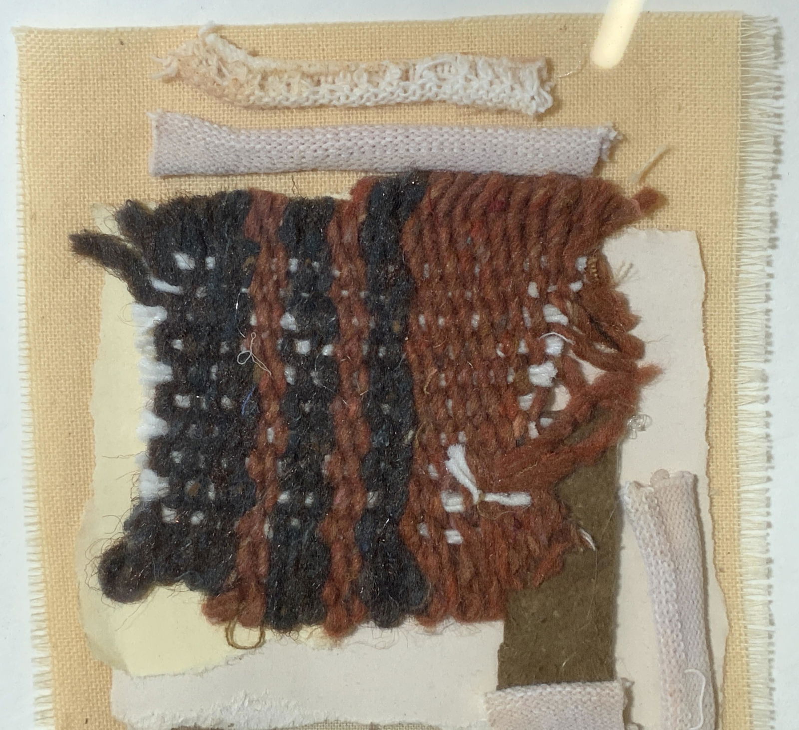 Signed Shadowbox Collage Artwork: Signed shadowbox collage, names to both lower corner reads from left to right ‘Sierra’ and ‘Sara’, subject a collage of mixed media including a feather fabric parchment and a knitted square, d