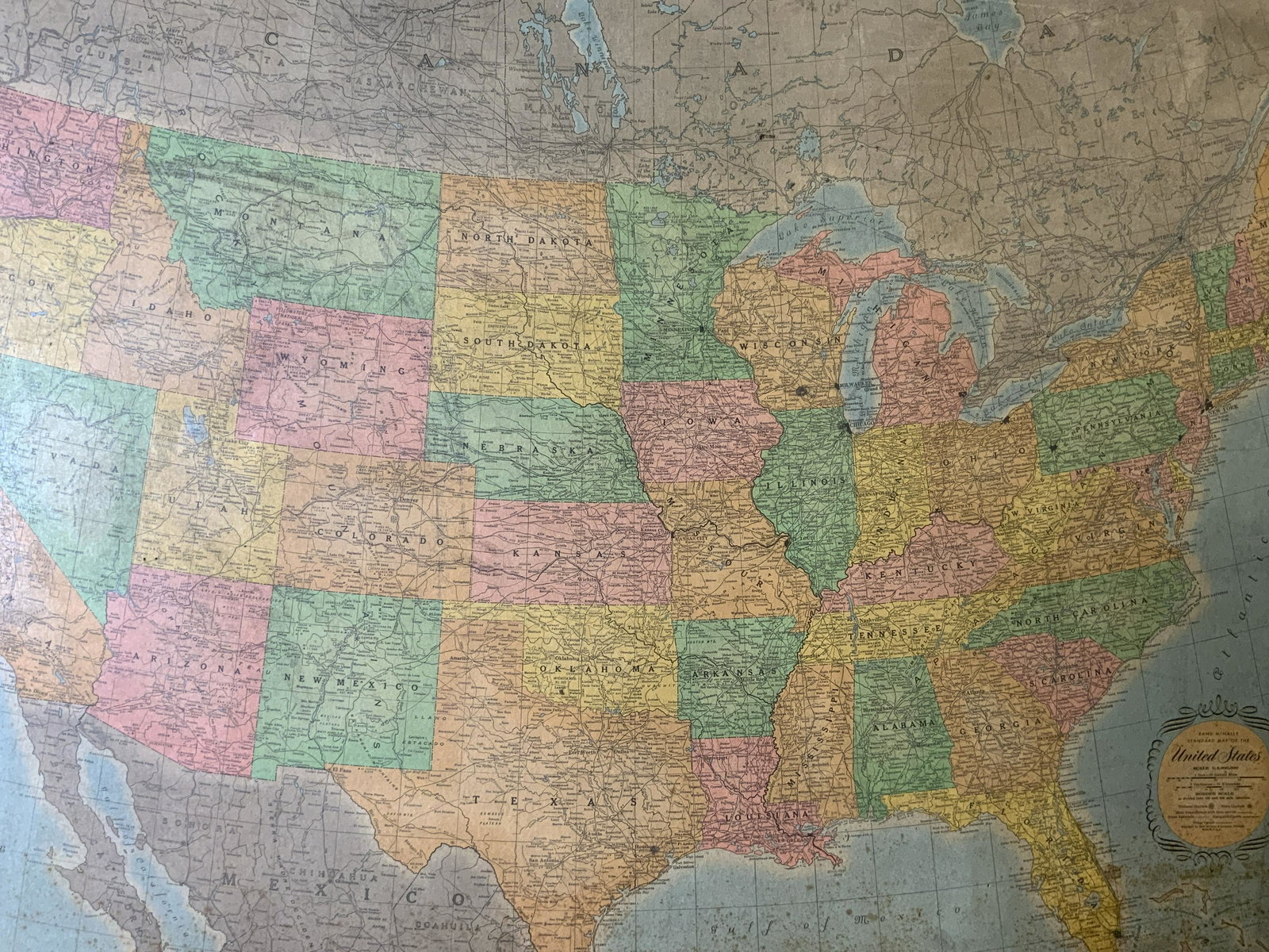 Vintage RAND MCNALLY Map of the United States: Vintage RAND MCNALLY Map of the United States, inscription to lower right reads ‘Rand McNally Standard Map of the United States’, subject a map of the US, measures 28 1/4 x 39 7/8 inches, wooden f