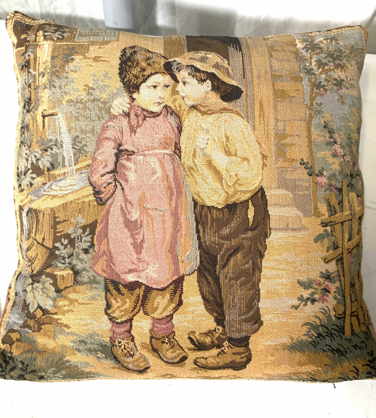 Collectible Woven Toss Pillow, Boy & Girl: Vintage Pillow cover with zipper so you can change pillow form and dry clean pillow cover. Image of boy and girl in garden with fountain and rose bushes in background. Backside plush pink velour, appe
