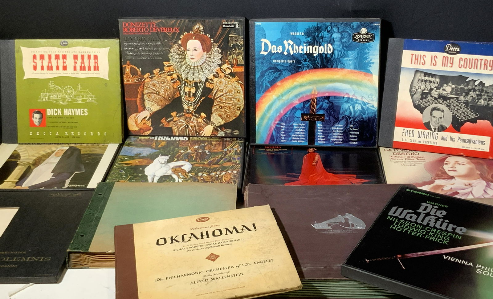 Lot 14 Vintage Vinyl Records, OKLAHOMA & More: Fourteen assorted vintage and antique vinyl records, appears to be mostly 33 1/3. A mix of artists and genres. Includes Wagner, Dick Haymes, Fred Waring, and more. Records produced by Decca Records &