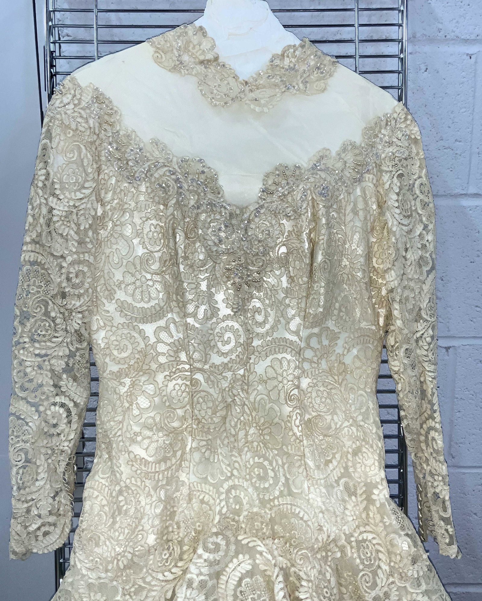 Victorian Lace Tulle & Crystal Bridal Gown, Vntg: Foot length bridal gown, typical of late 1800s, early 1900s. Crew lace neck sprinkled with AB Crystals, sheer chest leads to lace bodice with Ruffle ‘v’ and underside layers of tulle/ tat. Sateen 