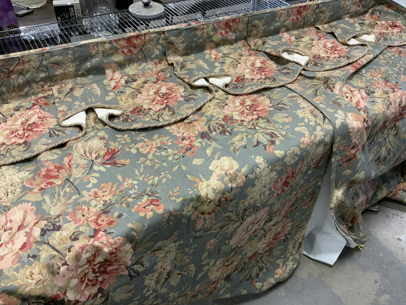 Floral Curtains and Valence: Floral Curtains and Valence, possibly heavy cotton, no apparent inscriptions or marks, valence measures 74 1/2 inches long x 18 3/4 inches at widest point, curtains measure 81 3/4 x 45 3/8 inches, som