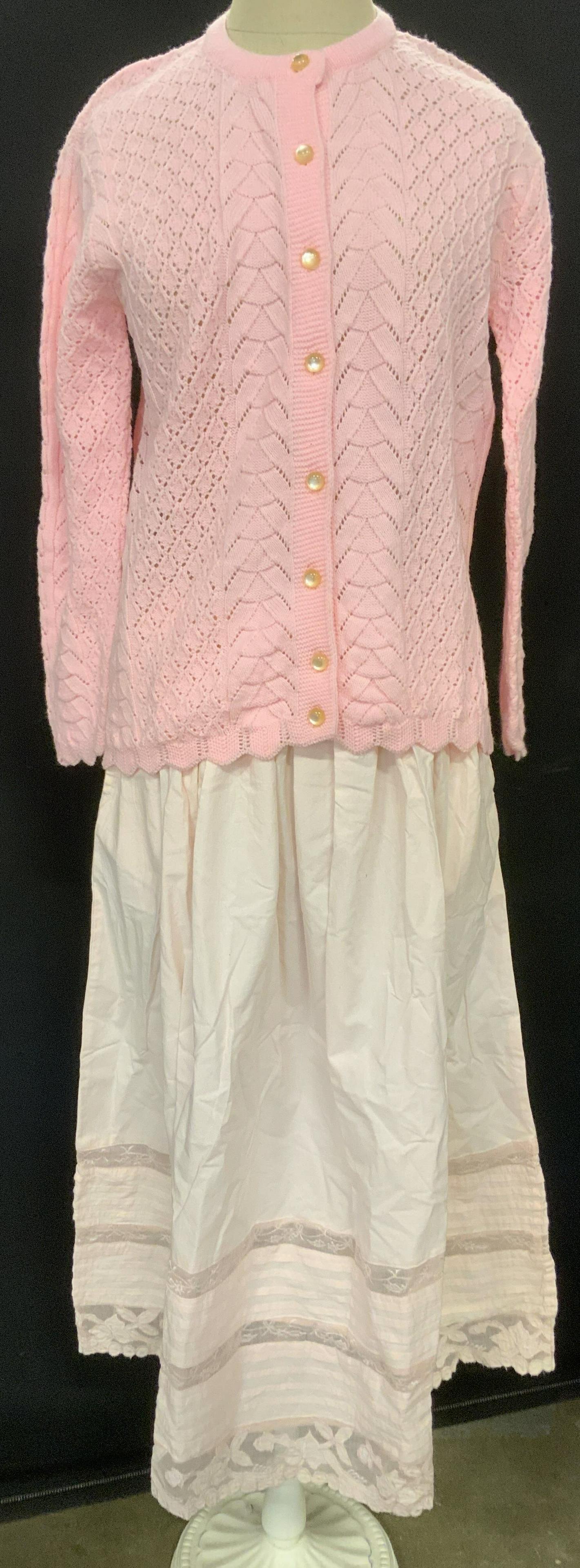 Lot 2 Pink Vintage Sweater & Skirt: Lot 2 Pink Vintage Sweater & Skirt, labels read ‘Wintuk 100% orlon acrylic’ and ‘Asante S 100% Cotton’, skirt has never been worn, some loose threads to sweater, Sweaters cardigan, skirt, ankl