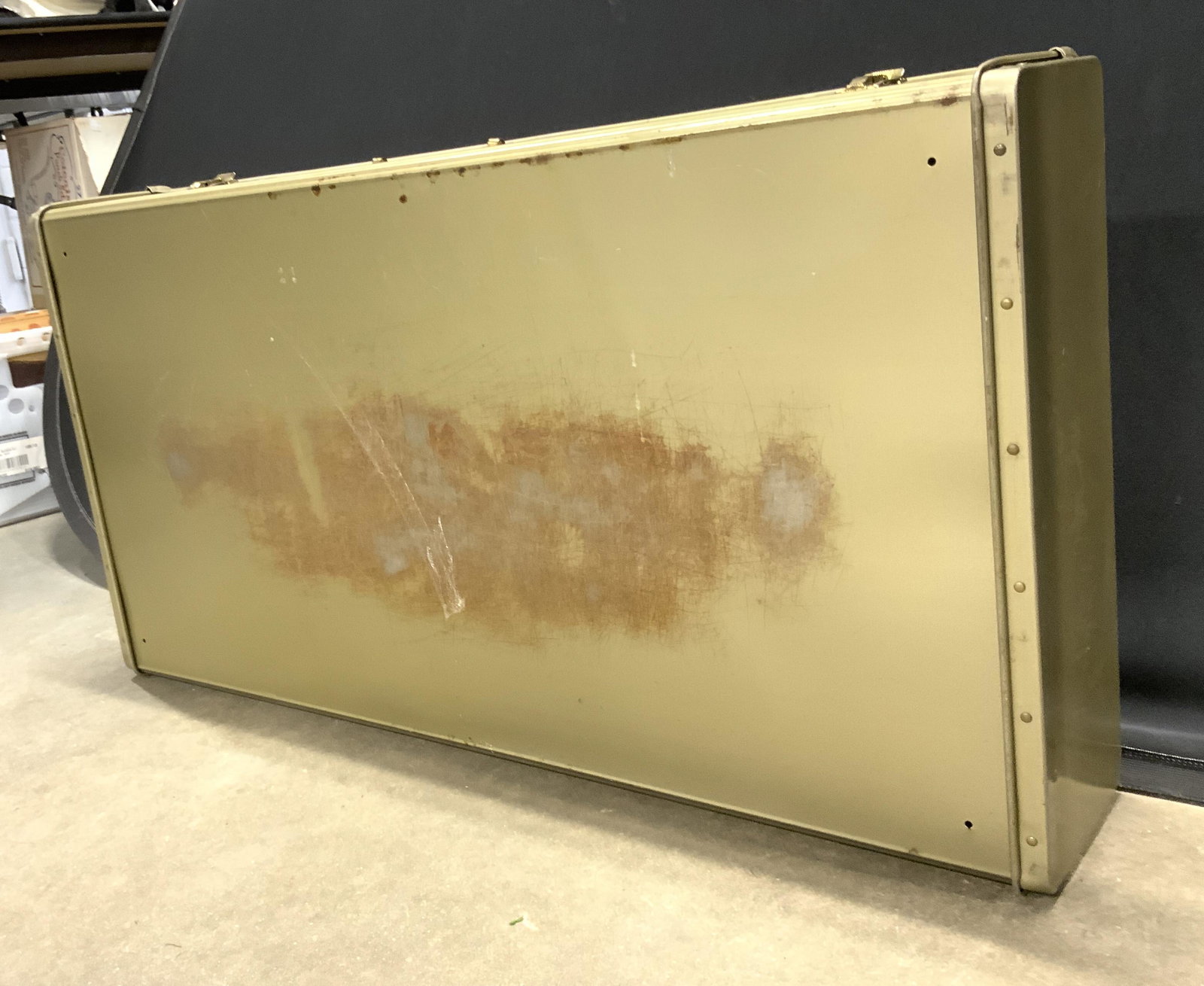 Vintage Metal Case Suitcase Carrying Case: Carrying case is vintage and metal. Measures approx 35 inches long 18 inches tall 6 inches deep. Case, metal case, suitcase, carrying case, vintage carrying case. Piece has evident scratches, wear & d