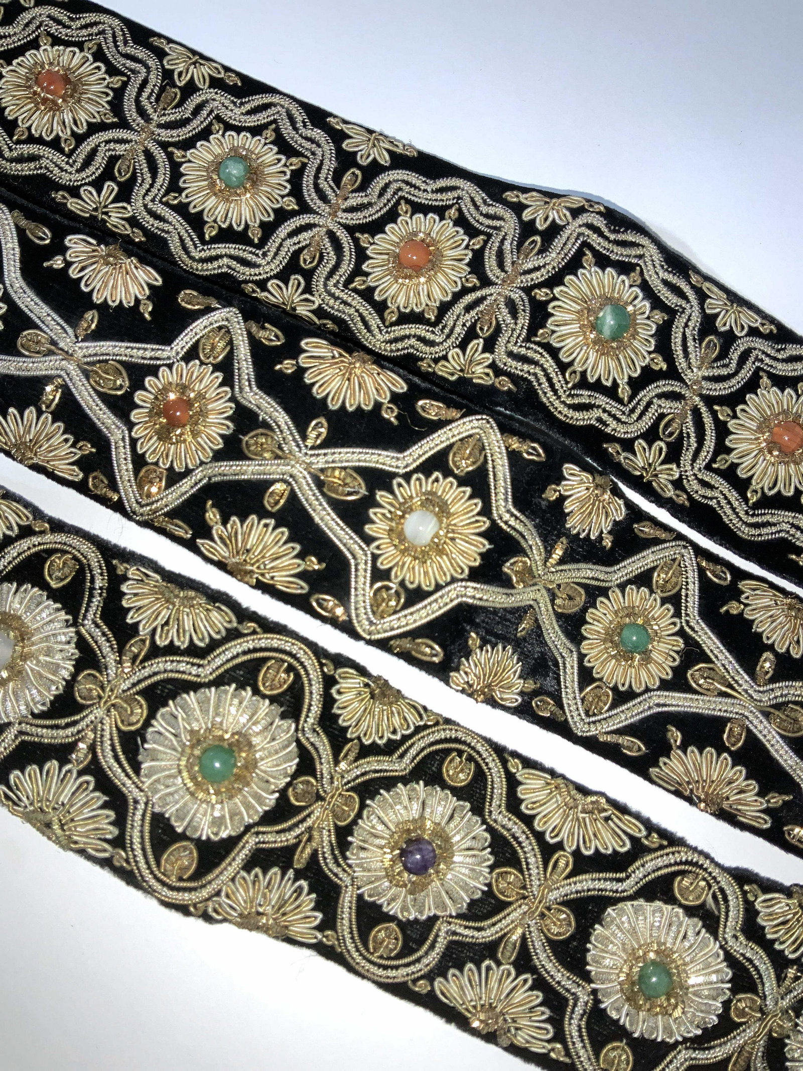 3 Embroidered Natural Stone Wearable Accessories: Group of three black velour embroidered belts or sashes with natural Quartz stone Cabochons. Tie design with twisted rope and tassel however can also be used as curtain tie backs or for other home dec