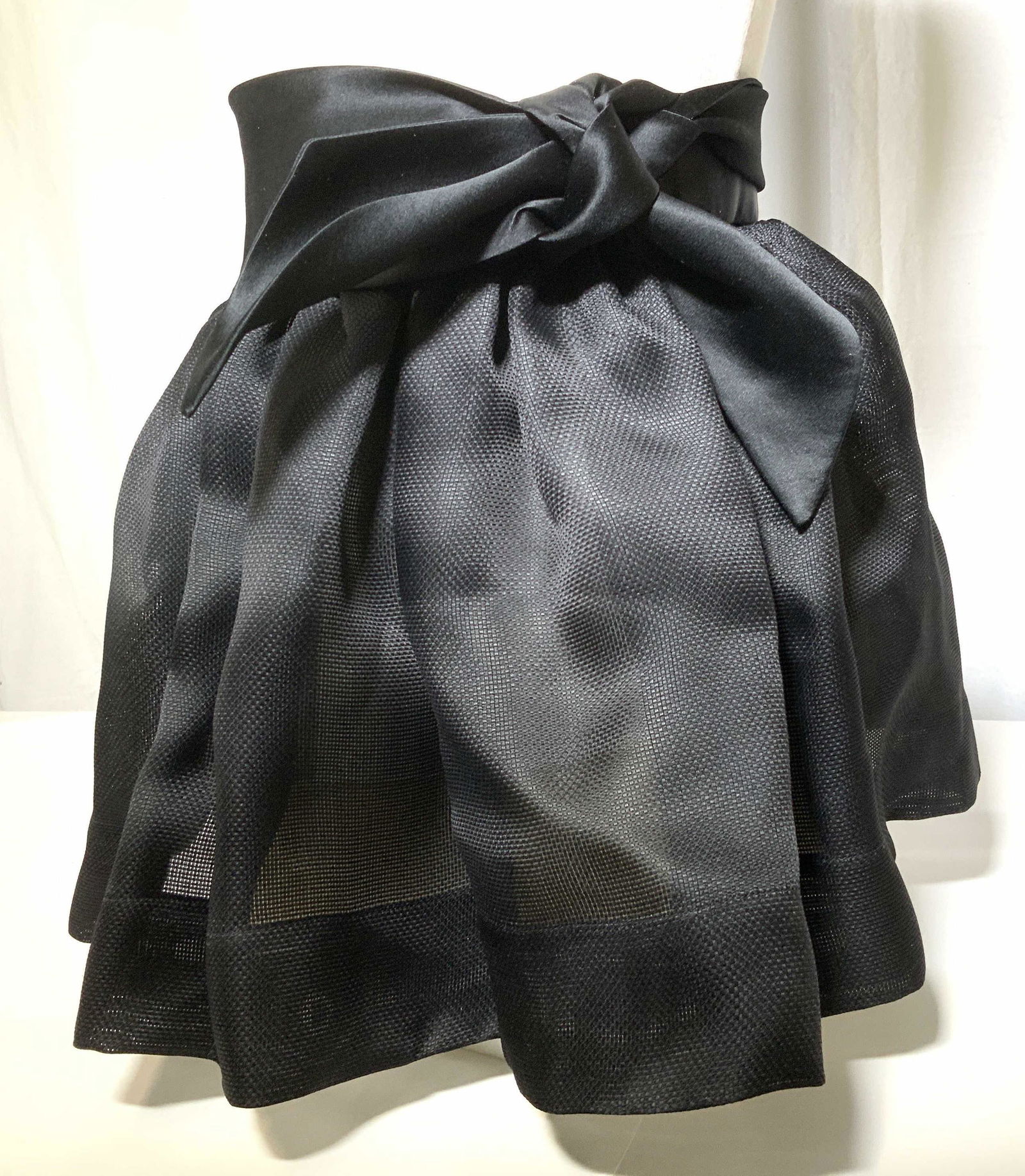 JAMES PURCELL BUCOL Apron, France: A James Purcell fun garment for BUCOL Paris. Black woven Ruffle apron, designer label attached , 14.5 in long, fabric 31 in wide, tie straps thick wide and silky, 27.5 in each side. Sz small. French a