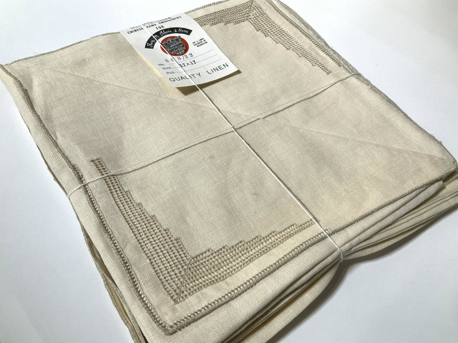 Collectible 10 Chinese Hand Embroid. Linen Napery: Vintage Linen Dinner napkins, with original tag and wrapped in original string. 17 x 17 in. Beige toned , 100% linen, Made in China and Hand embroidered. Appear to be 10 total. Luxury Chinese Linen Di