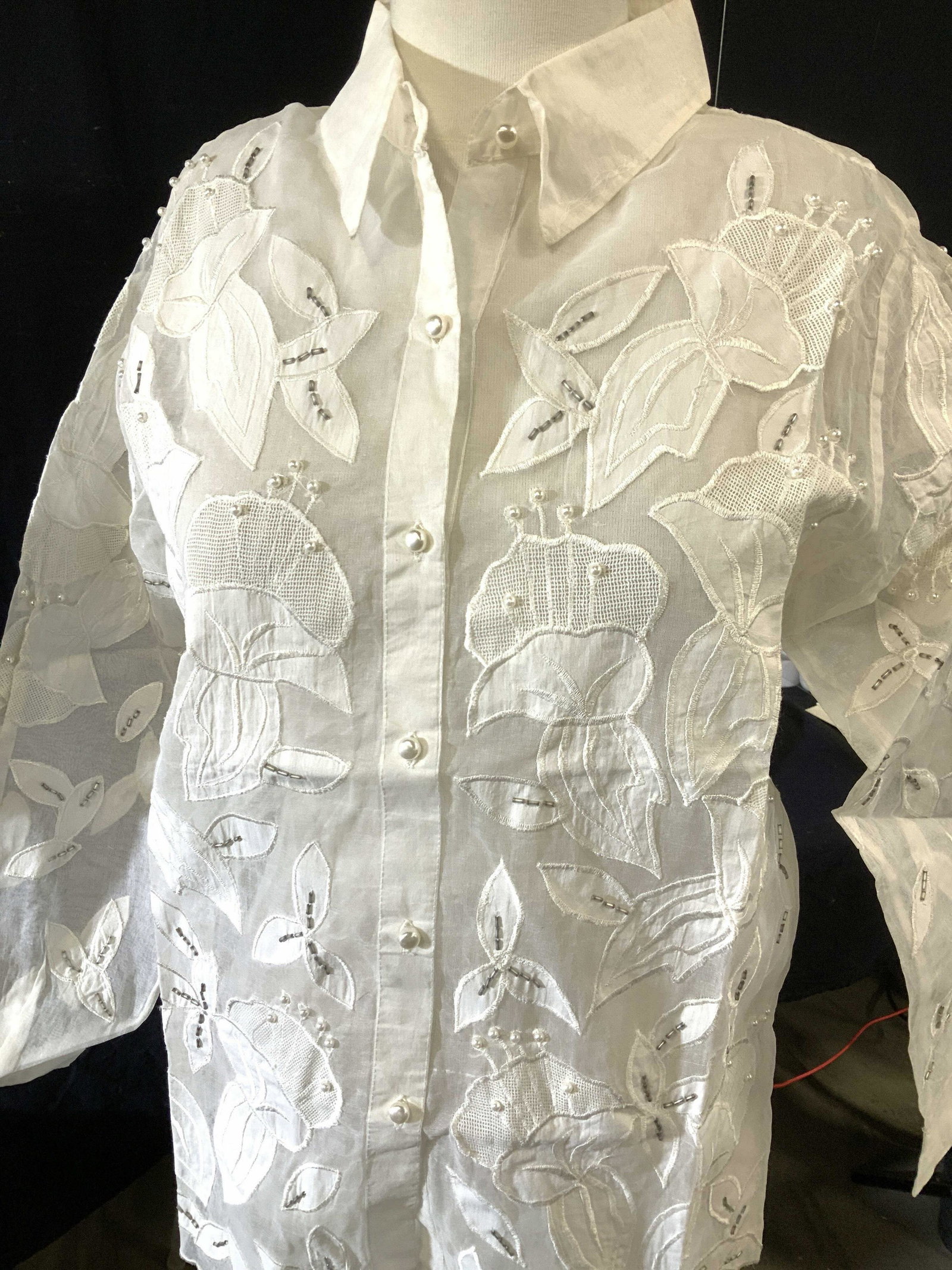 Grp 3 Ladies Off White Blouses, Org Tags: VENUS Cotton/spandex ribbed short sleeve cuffed tee shirt, in style of catering/ bartender short with simple black button 1/2 down front. Never opened package, size 6. CHETTA B nylon and spandex beade
