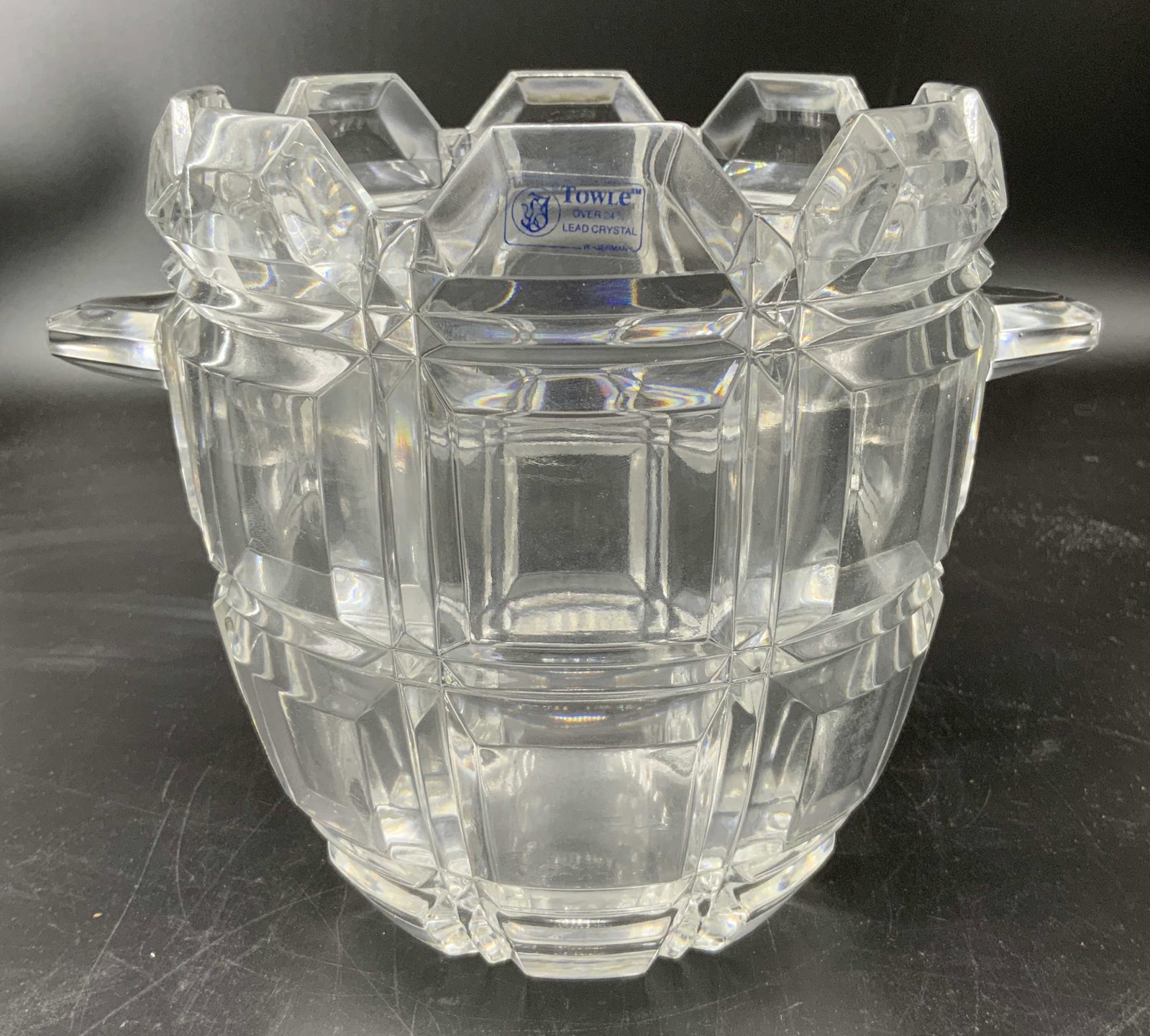 Vintage TOWLE Crystal Ice Bucket: Vintage TOWLE Crystal Ice Bucket, label to piece reads ‘Towle Over 24% Lead Crystal W Germany’, measures 6 3/8 inches x 8 3/8 inches at widest point, surface wear to piece, Bar ware, glassware, ic