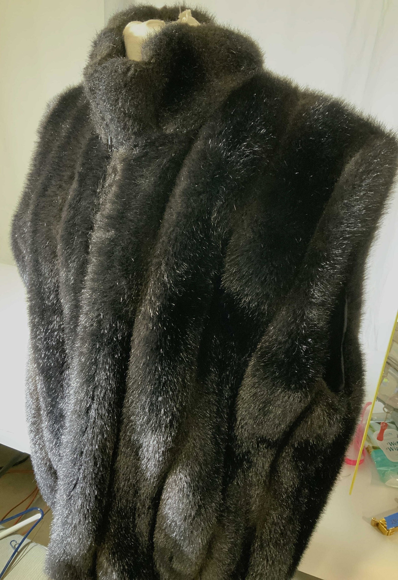 NORM THOMPSON LUXURY FAUX FUR VEST: Ladies XL vest, 52 in wait, very warm faux fur vest with designer label attached, reads Norm Thompson Portland Oregon. front Zipper is very smooth, high collar, 31 in length, interior lined, from hand