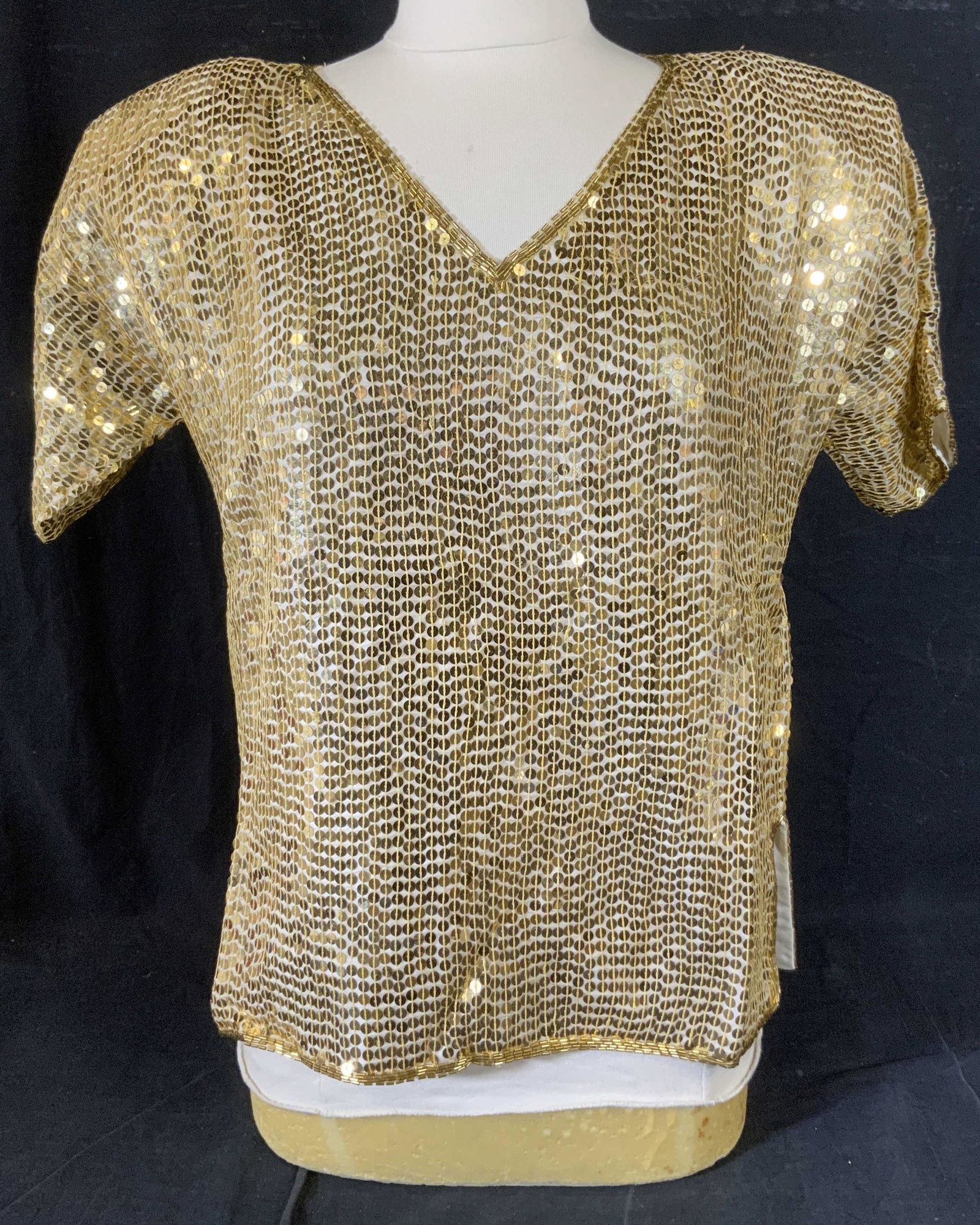 Lot 3 Vintage LEW MAGRAM Sequin Shirts & Shorts: Lot 3 Vintage LEW MAGRAM Sequin Shirts & Shorts, labels read ‘LEW MAGRAM Collection New York 100% pure silk Lining 100% polyester Made in India Medium’, shirts have attached shoulder pads, some lo