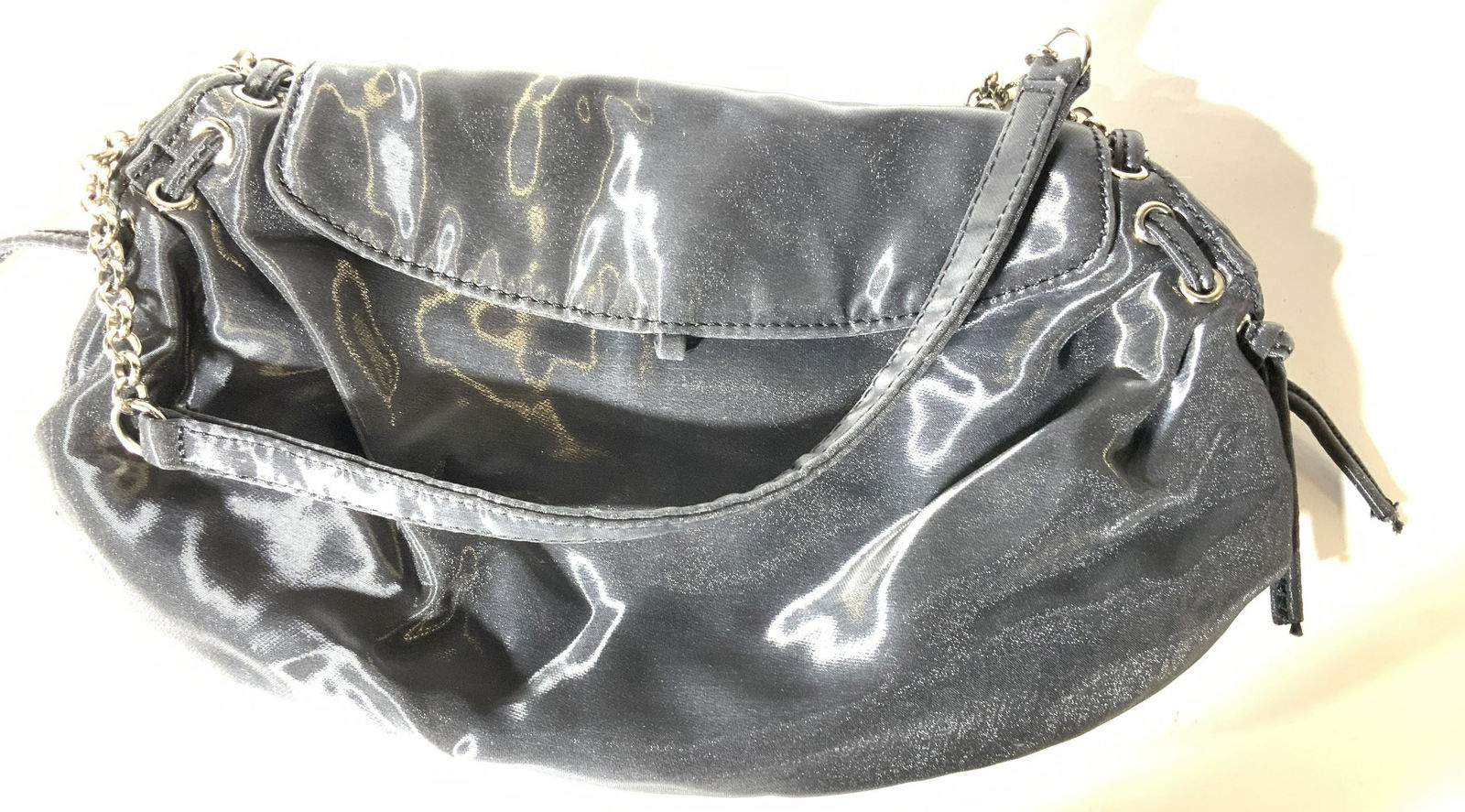 BLUMARINE Metallic Evening Hand Bag, Italy: Signed Shimmery Fabric Evening bag with snap flap closure, clean inside and out. designer label sewn on interior leather , reads BLUEMARINE MADE IN ITALY. 10 x 6 in. Handle drop 7.5 in. Luxury Designe