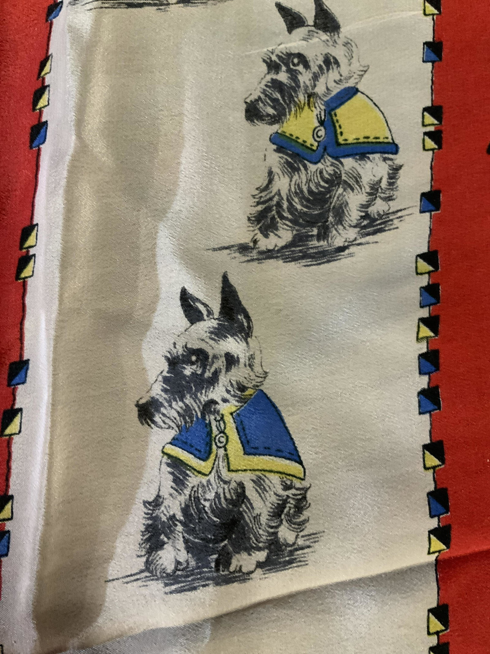 Vintage,Echo Silk Scarf Terrier dog Theme: Design of Scottish terriers red white and black measures app 24 inches square, fashion accessory, vintage fashion accessory, wearable
