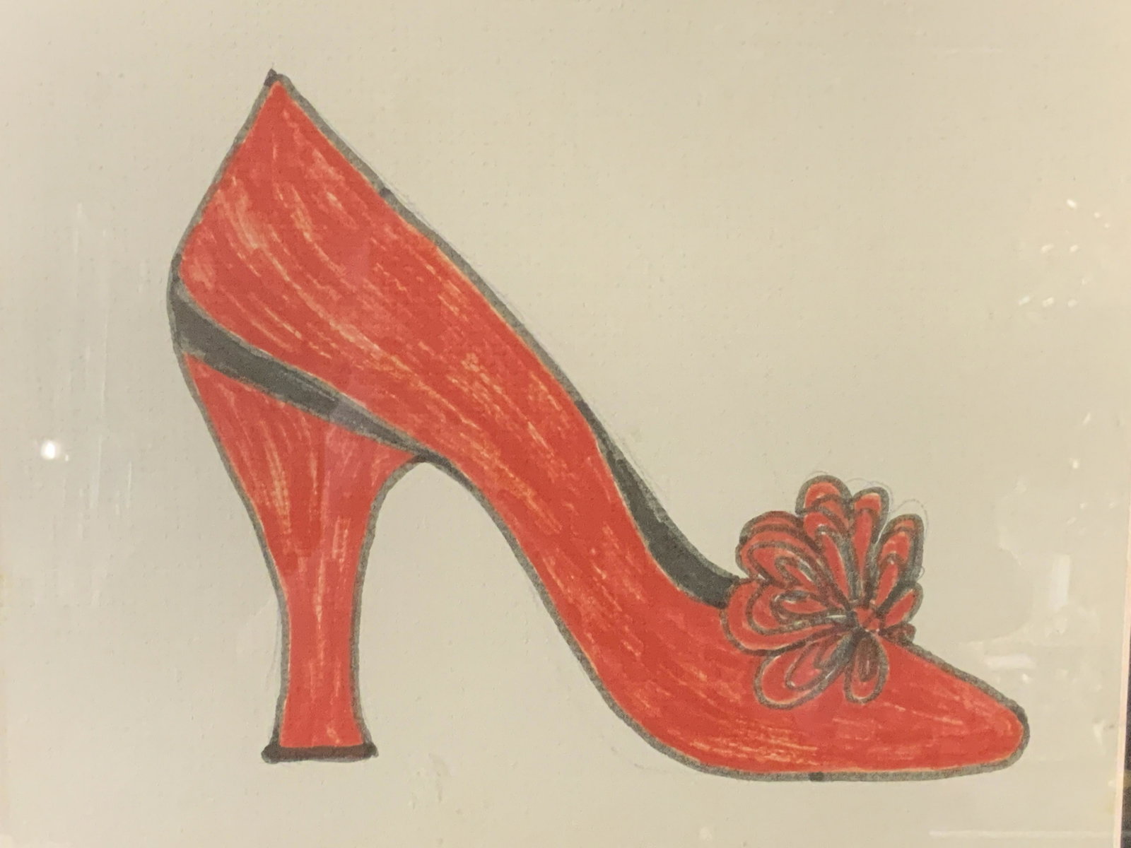Marker Drawing of Red Heel, Artwork: Marker Drawing of Red Heel, no apparent inscriptions or signatures, subject a side view of a red heel shoe, brown matting, black painted wooden frame, measures 11.5 inches tall by 13.5 inches wide, no