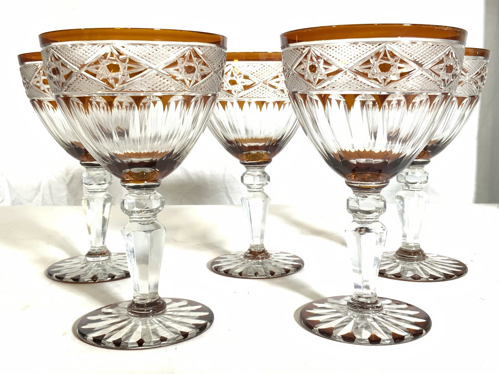 Set 5 Bohemian Glass Art Glass Stemware: Set 5 Bohemian Glass Art Glass Stemware. Cut glass, art glass, barware, goblets, collectible. Measures approx 6 1/4 in tall by 4 in in diameter. Some minor surface wear and imperfections.