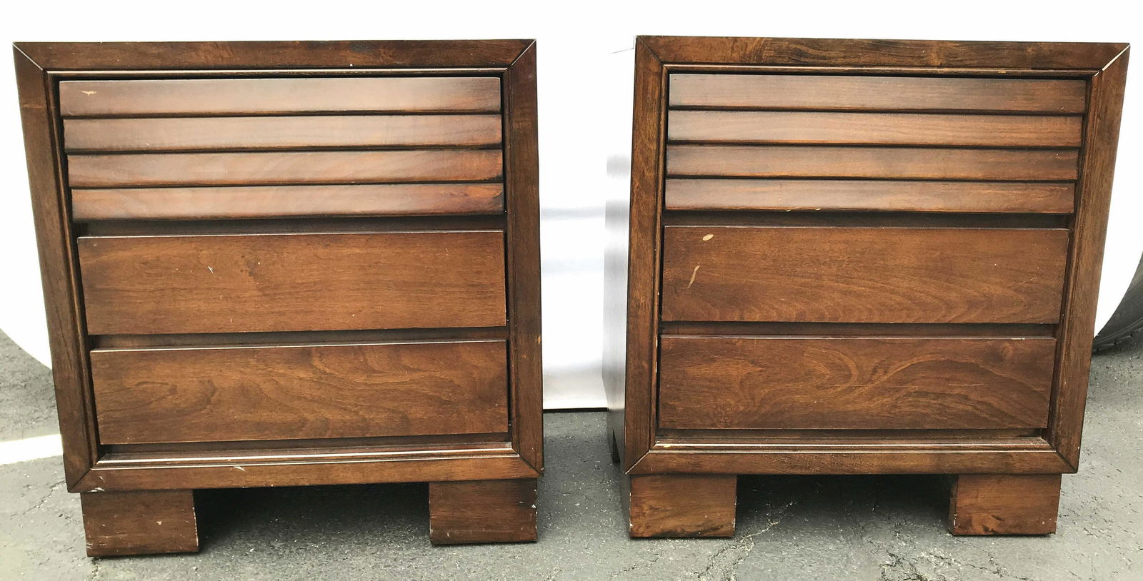 COASTER Carved Wooden Side Tables W Drawers: Reverse side of tables have labels which read COASTER FINE FURNITURE. End tables are brown toned. Each have 3 drawers. Each measures approximately 26 inches tall 24 inches wide 17 inches deep. Side ta
